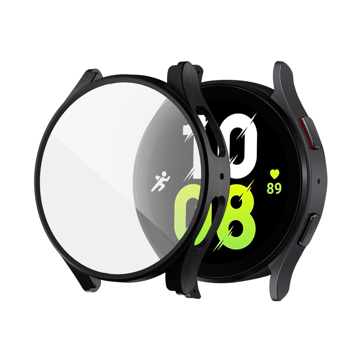 Schwarze Smartwatch mit klarem Displayschutz. Die Uhr zeigt Zeit, Herzfrequenz und ein Laufsymbol an.