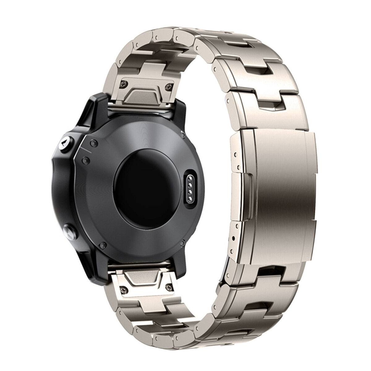 Eine silberne Smartwatch mit Metallarmband. Das Zifferblatt ist schwarz, das Armband teilweise geöffnet, mit Verschluss.