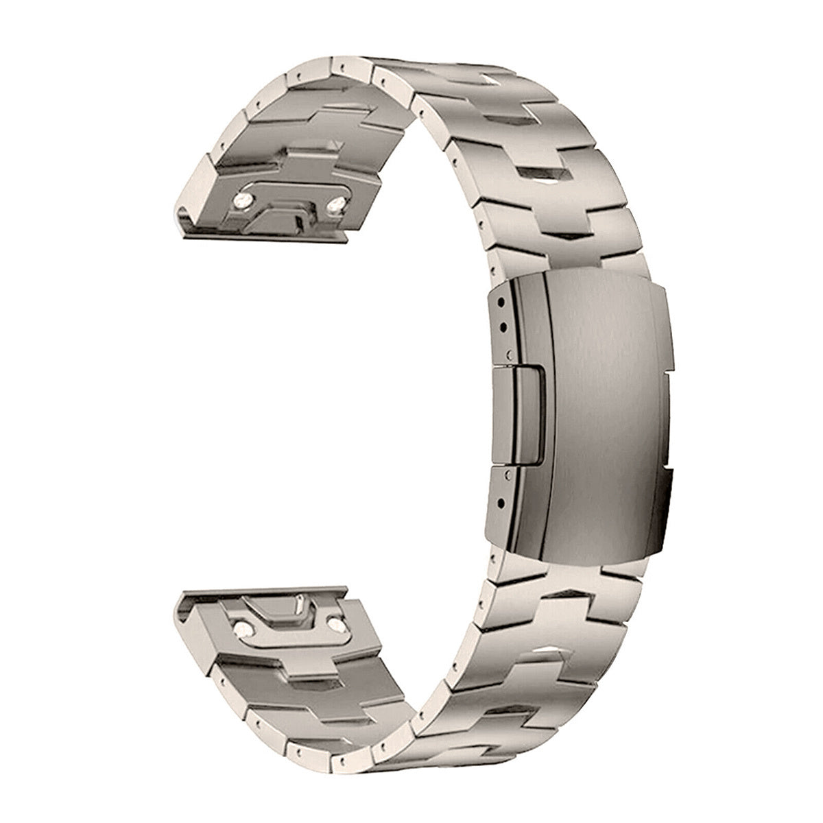 Ein silbernes Metall-Uhrenarmband mit Verschluss. Das Band besteht aus verbundenen rechteckigen Gliedern. Der Hintergrund ist weiß.