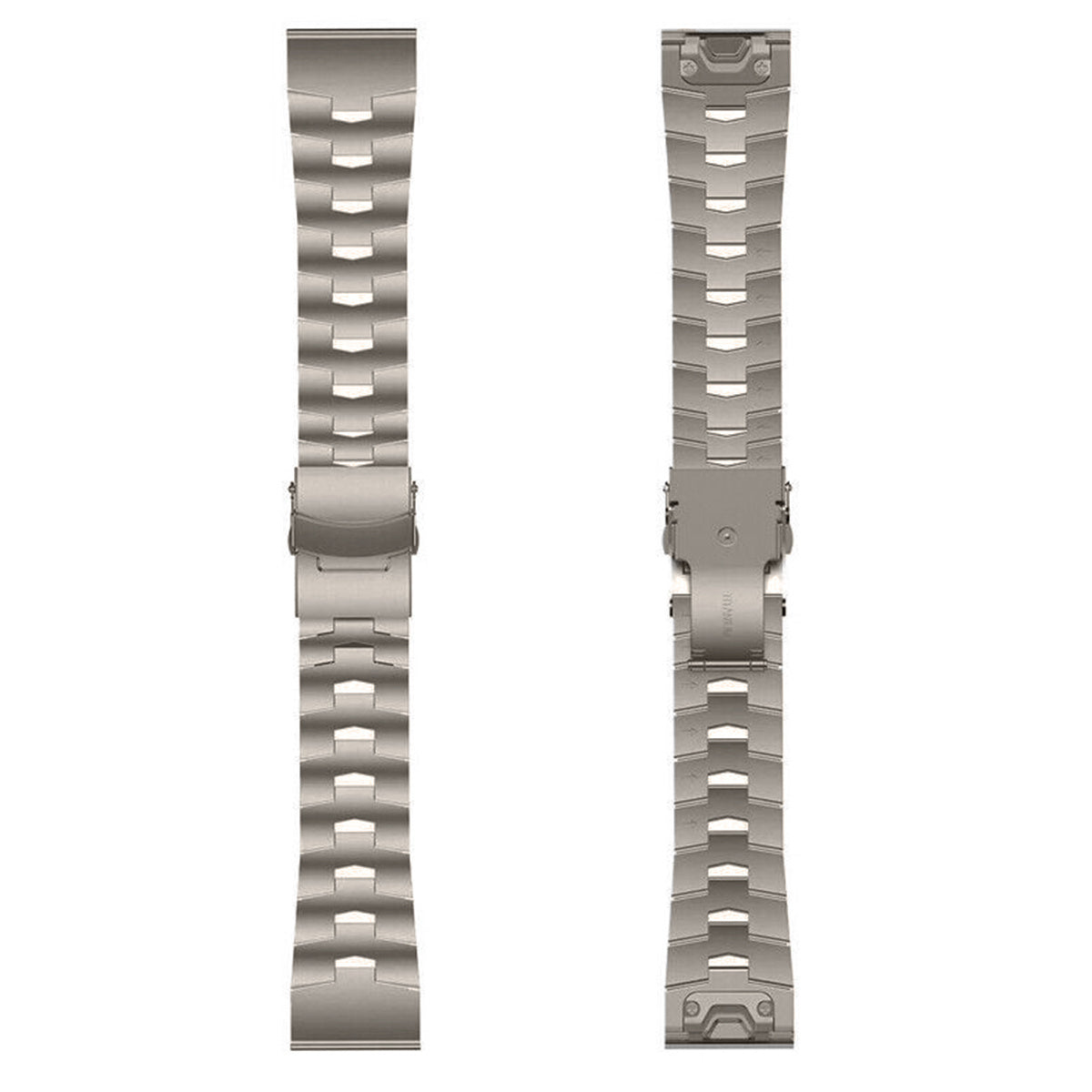 Zwei silberne Uhrenarmbänder sind abgebildet. Jedes hat eine Reihe von Gliedern und einen Verschluss. Der Hintergrund ist schlicht weiß.