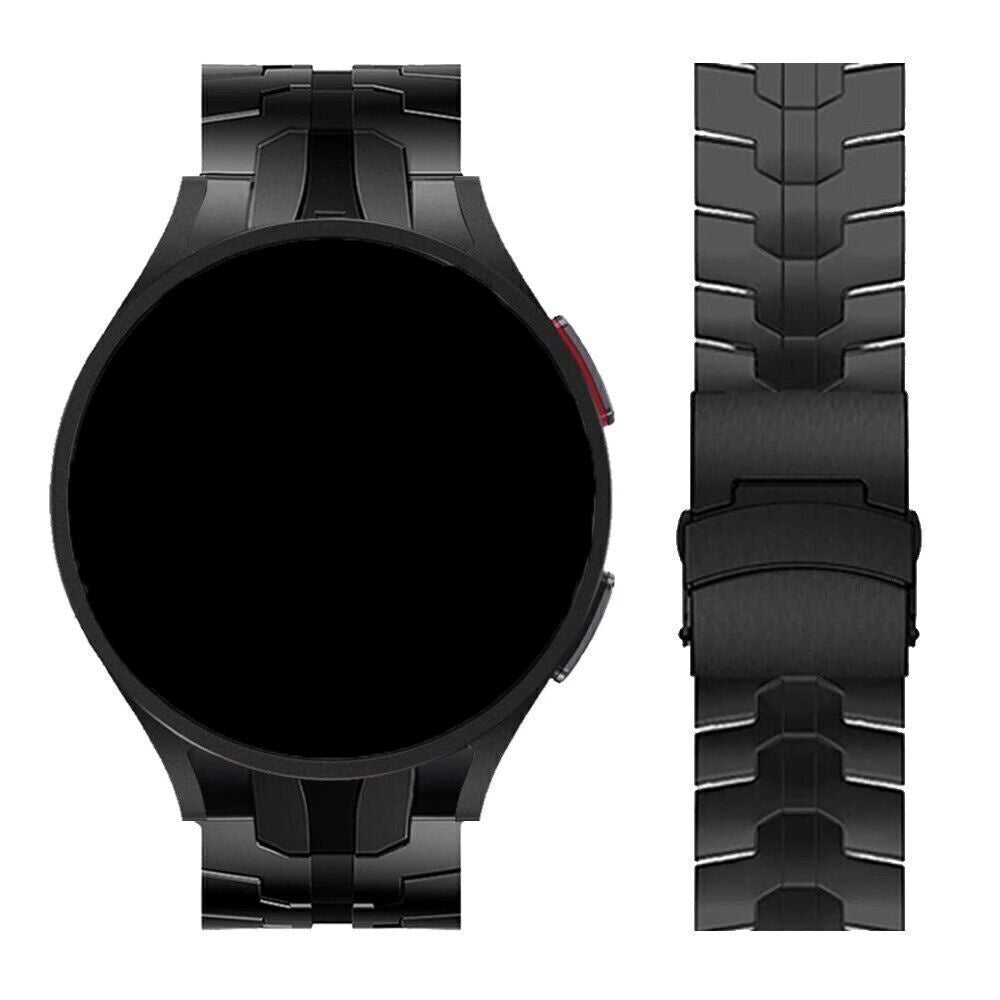 Schwarze Smartwatch mit rundem schwarzem Bildschirm und passendem schwarzem Armband. Roter Akzent an der Seite. Armband ist abgenommen.