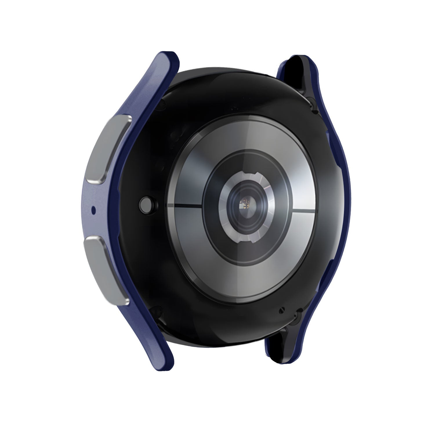 Nahaufnahme der Rückseite einer Smartwatch. Sie ist schwarz mit einem silbernen Kameraobjektiv. Blauer Rahmen umgibt die Uhr. Zwei graue Knöpfe an der Seite.