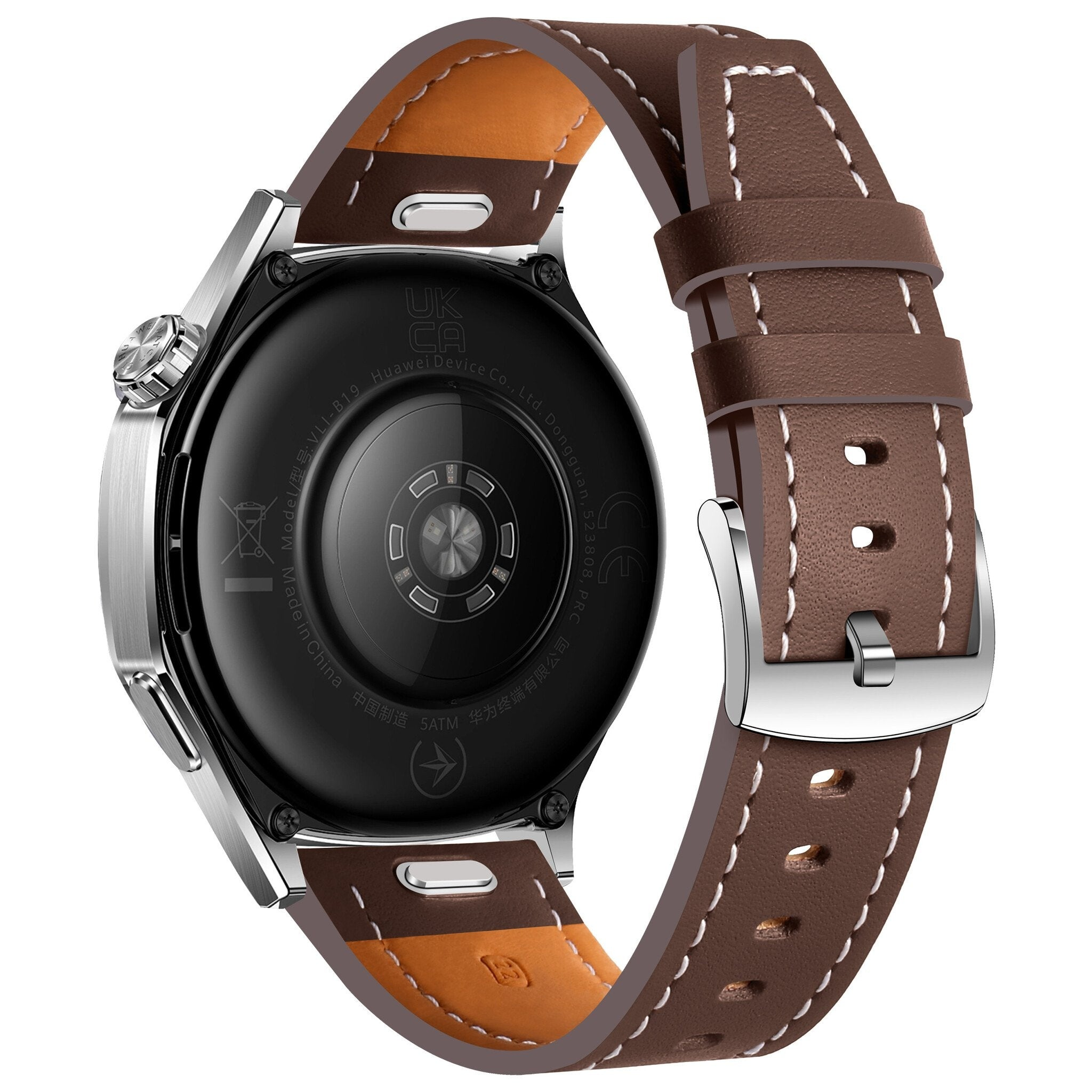 Braune Leder-Smartwatch mit silberner Lünette. Das Armband ist braun mit weißen Nähten und einer orangefarbenen Unterseite.