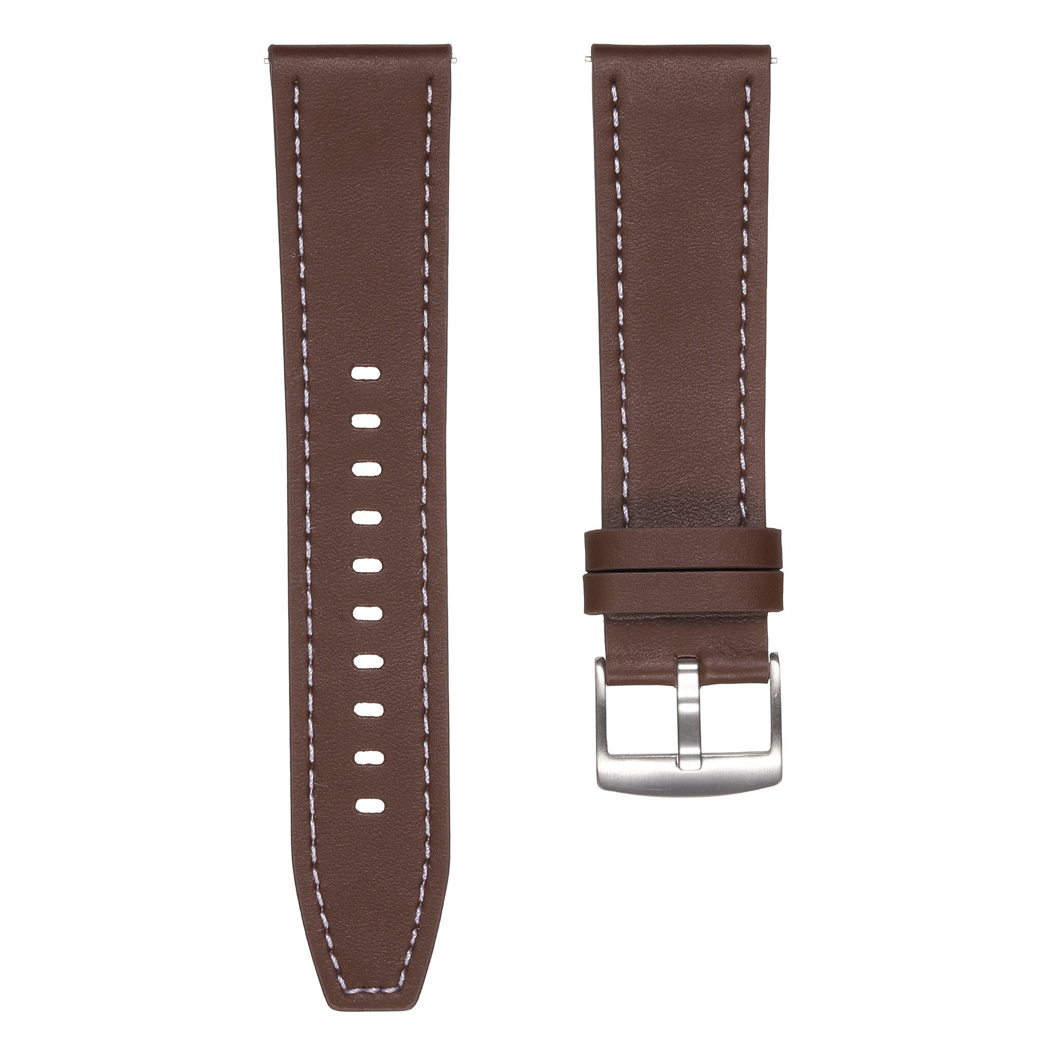 Braune Leder-Armbanduhren, mit weißem Faden genäht, auf weißem Hintergrund. Ein Riemen hat eine Metallschnalle.