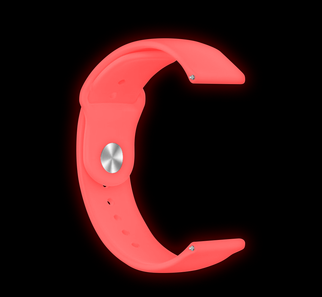 Ein korallenfarbenes Smartwatch-Armband auf schwarzem Hintergrund. Es hat einen silbernen Knopf und Stift. Das Band umrundet den Bildschirm.