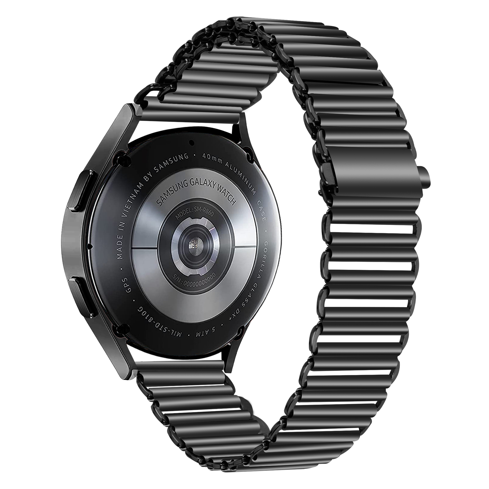 Eine schwarze Samsung Galaxy Uhr mit einem schwarzen Metallarmband. Die Rückseite der Uhr ist sichtbar.
