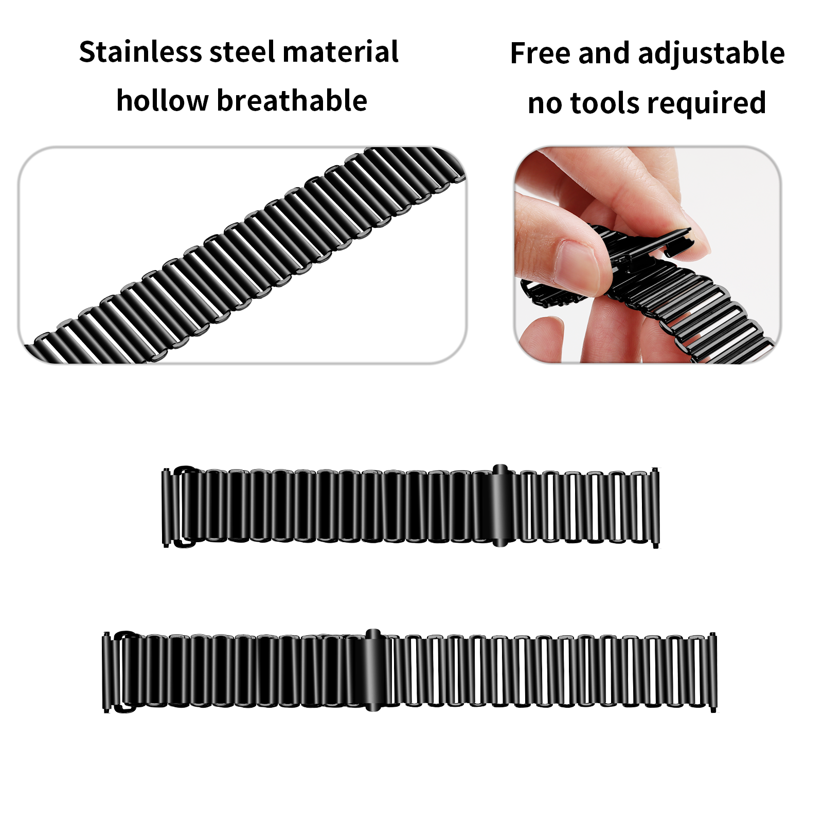 Das Bild zeigt ein schwarzes Uhrenarmband. Es ist aus Edelstahl und atmungsaktiv. Eine Hand verstellt den Verschluss. Zwei Armbänder werden angezeigt.