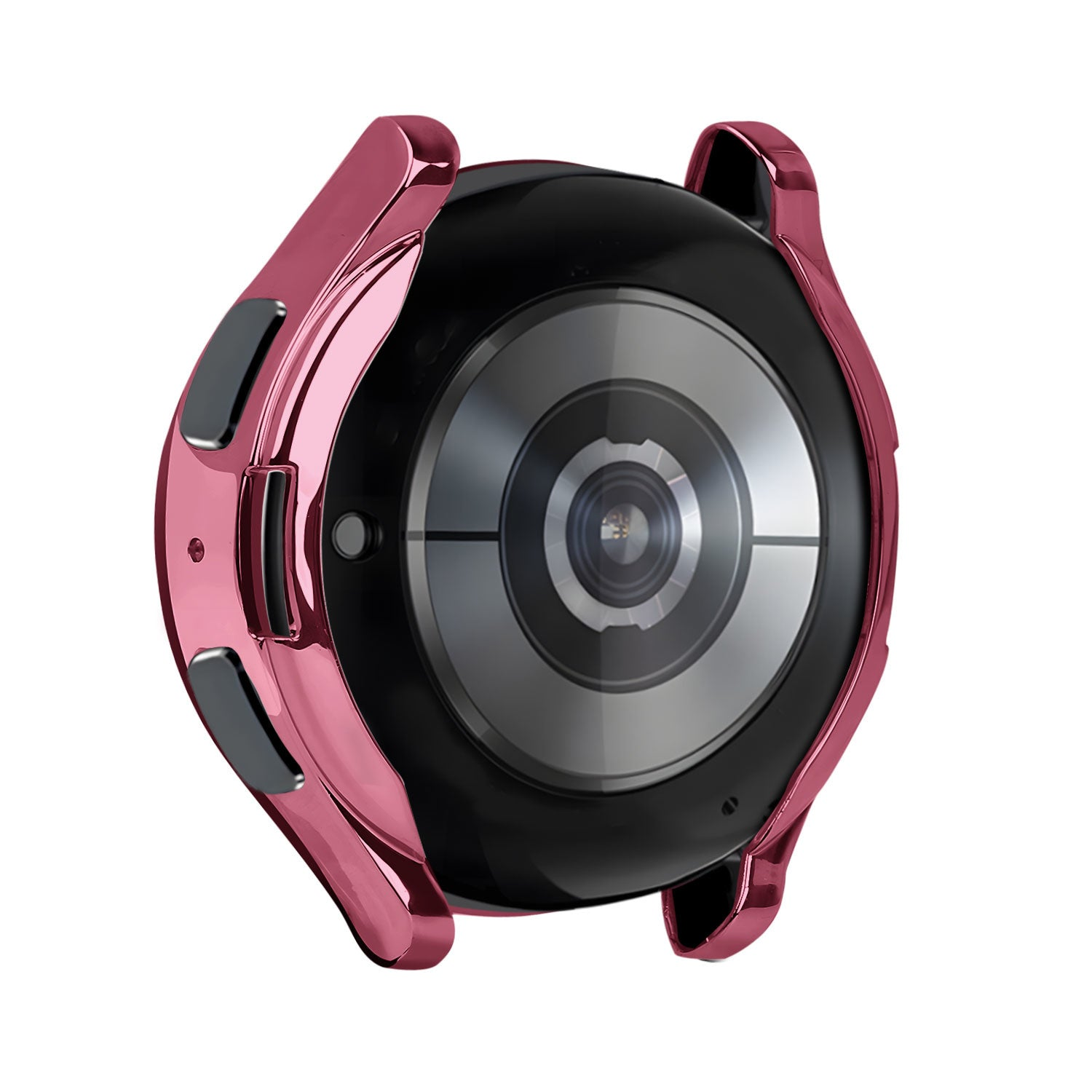 Eine rosa Uhrenhülle umgibt ein schwarzes Zifferblatt. Graue Knöpfe befinden sich am rosa Rahmen. Die Uhr befindet sich auf weißem Hintergrund.