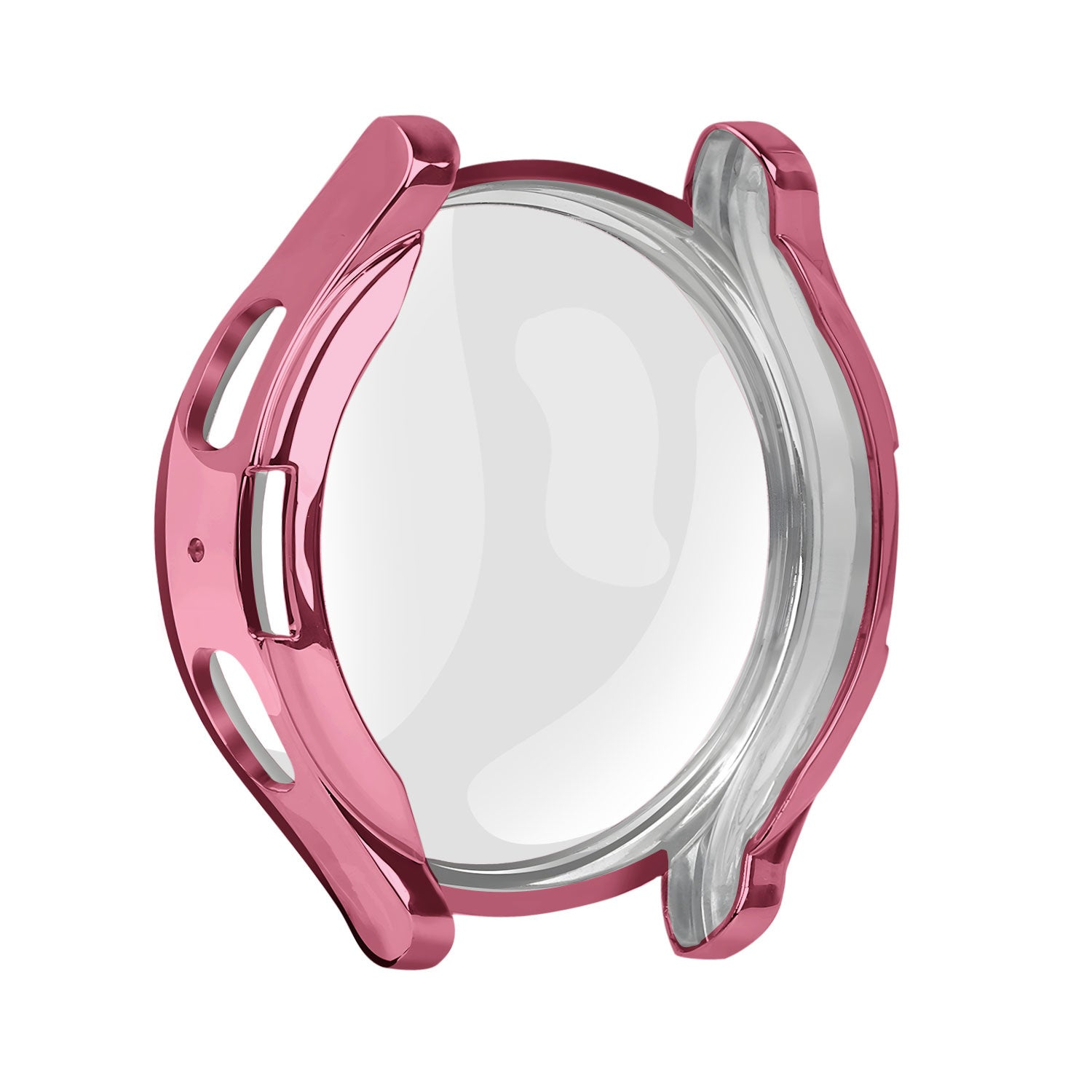 Ein rosa Uhrengehäuse mit einem klaren, kreisförmigen Bildschirmschutz. Das Gehäuse ist glänzend und hat ein modernes Design.