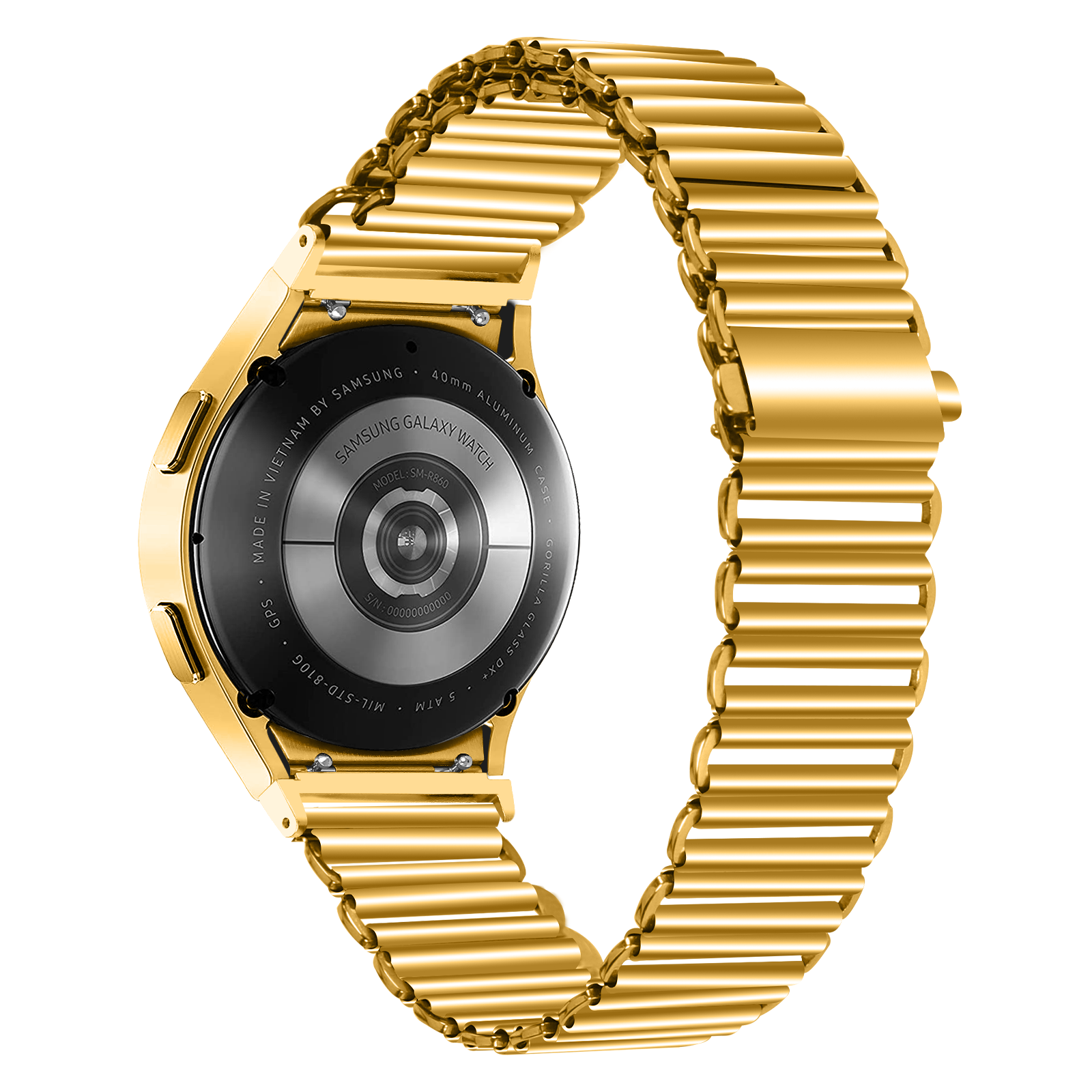 Eine goldene Samsung Galaxy Watch mit passendem Metallarmband. Die Rückseite der Uhr ist sichtbar.
