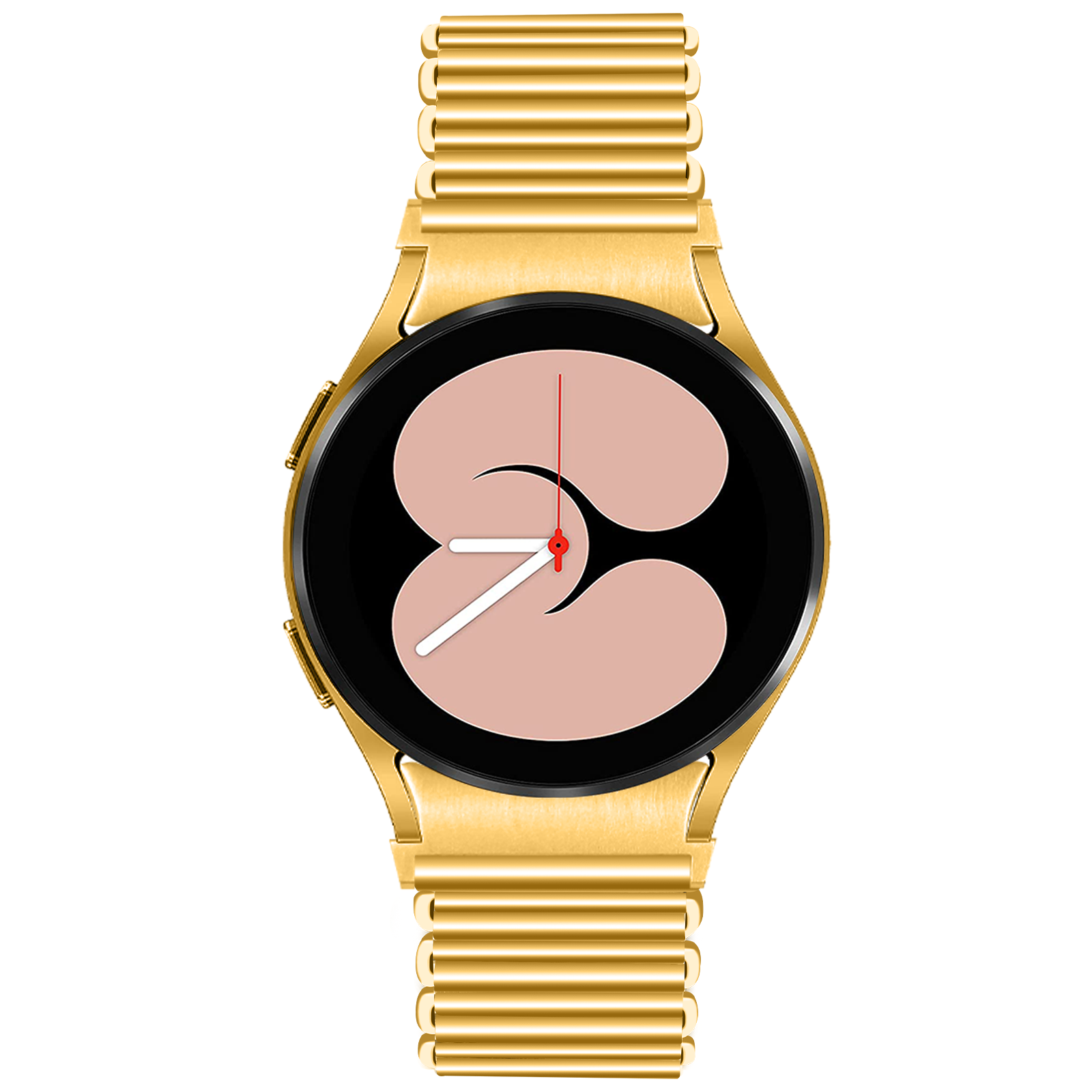 Goldene Smartwatch mit schwarzem Ziffernblatt, pfirsichfarbenen Innendetails und einem goldenen Metallband. Die Zeiger sind weiß.