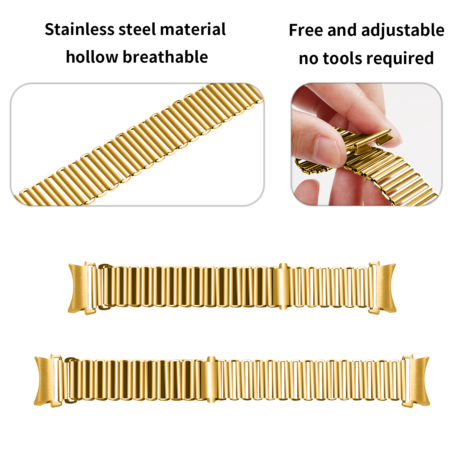 Goldenes Edelstahl-Uhrenarmband. Ein Teil wird von einer Hand angepasst. Der Text sagt: Edelstahlmaterial, hohl, atmungsaktiv.