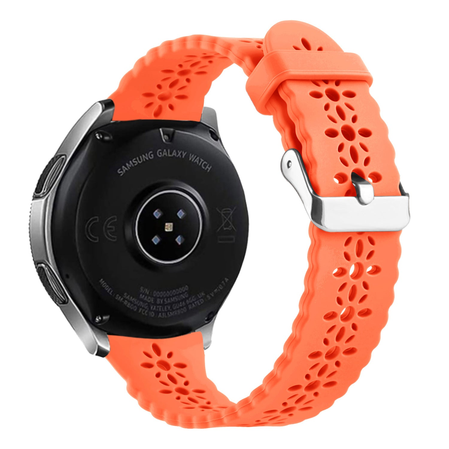 Ein orangefarbenes Samsung Galaxy Watch-Armband mit floralen Ausschnitten. Die Rückseite der Uhr ist sichtbar.