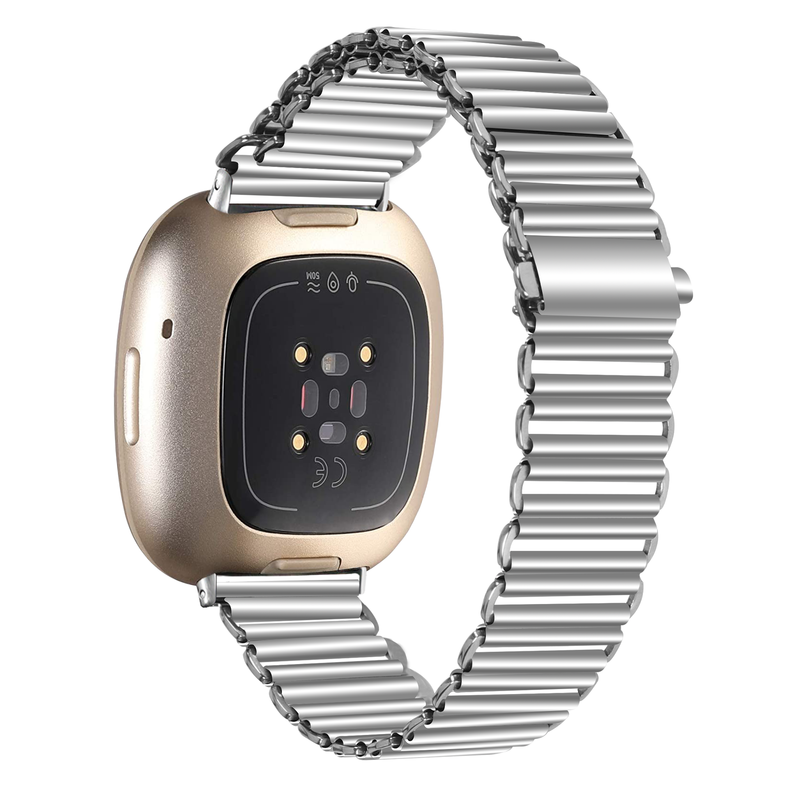 Eine goldene Smartwatch mit silbernem Metallarmband. Das Zifferblatt ist schwarz und hat Sensoren. Das Band ist verbunden.