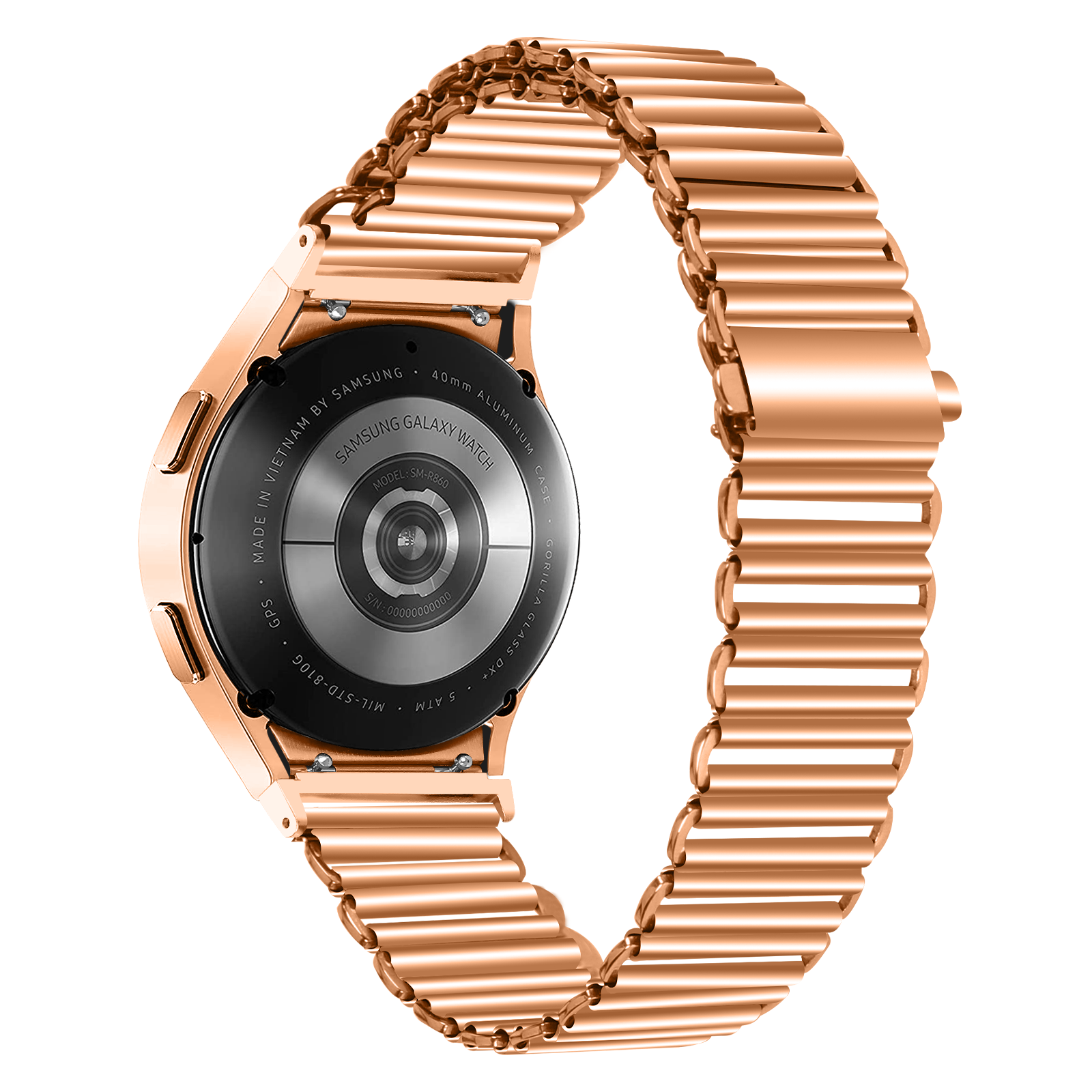 Roségoldene Samsung Galaxy Watch mit passendem Metallarmband. Die Rückseite der Uhr ist sichtbar, zeigt Details und Text.