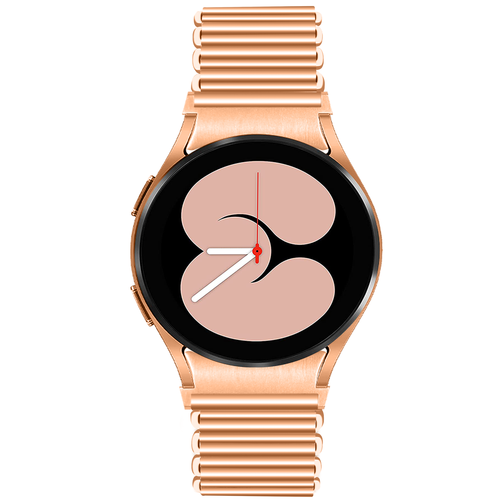 Eine goldene Smartwatch mit schwarzer Lünette und rosafarbenem Zifferblatt. Das Armband ist ebenfalls goldfarben.