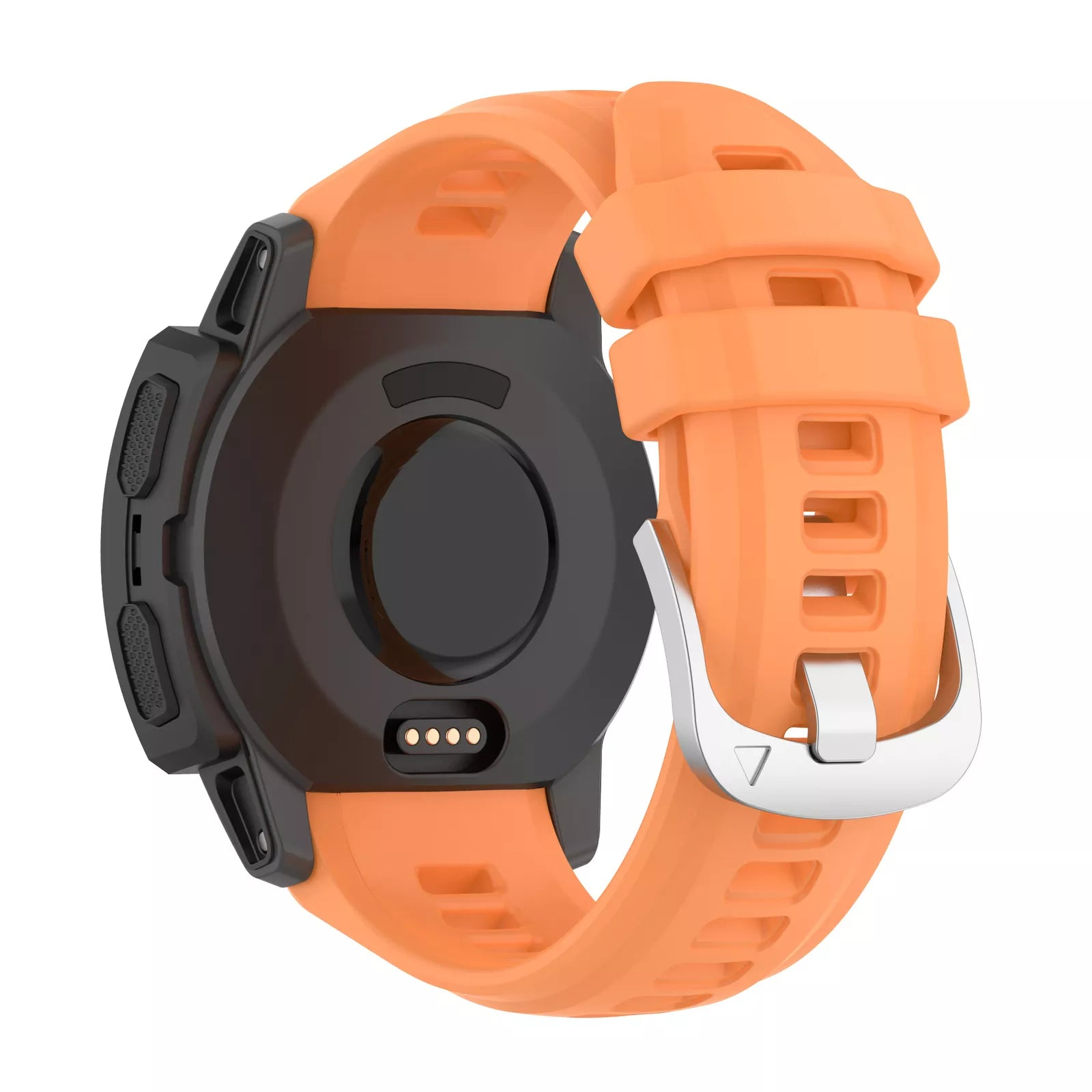 Eine orangefarbene Smartwatch mit schwarzem Zifferblatt wird gezeigt. Das Uhrenarmband ist orange und hat eine silberne Schnalle.