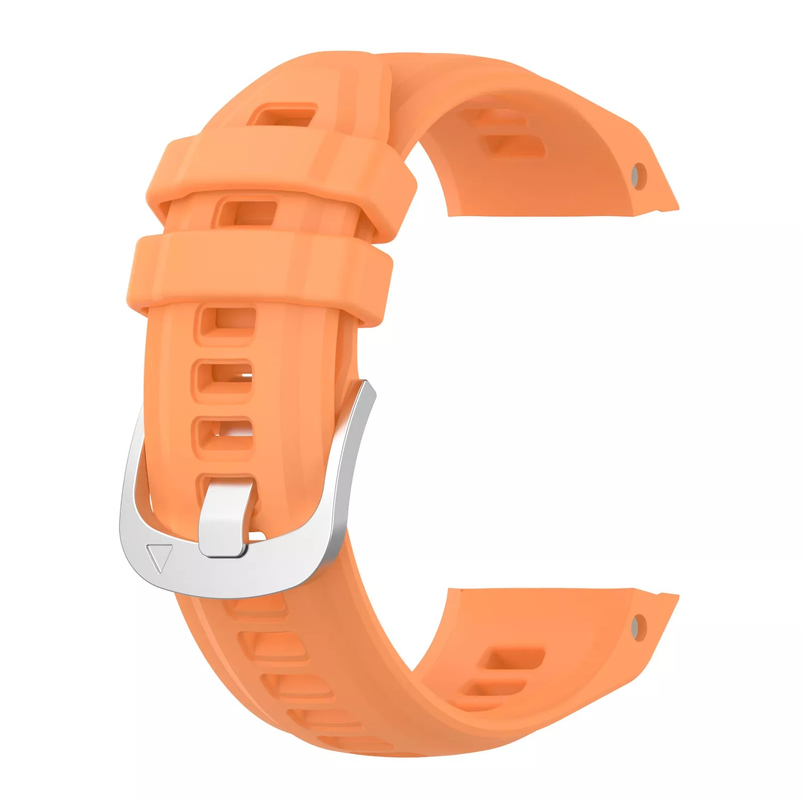 Orangenes Uhrenarmband mit silberner Schnalle. Das Armband ist gebogen, mit rechteckigen Öffnungen und einem Stift.