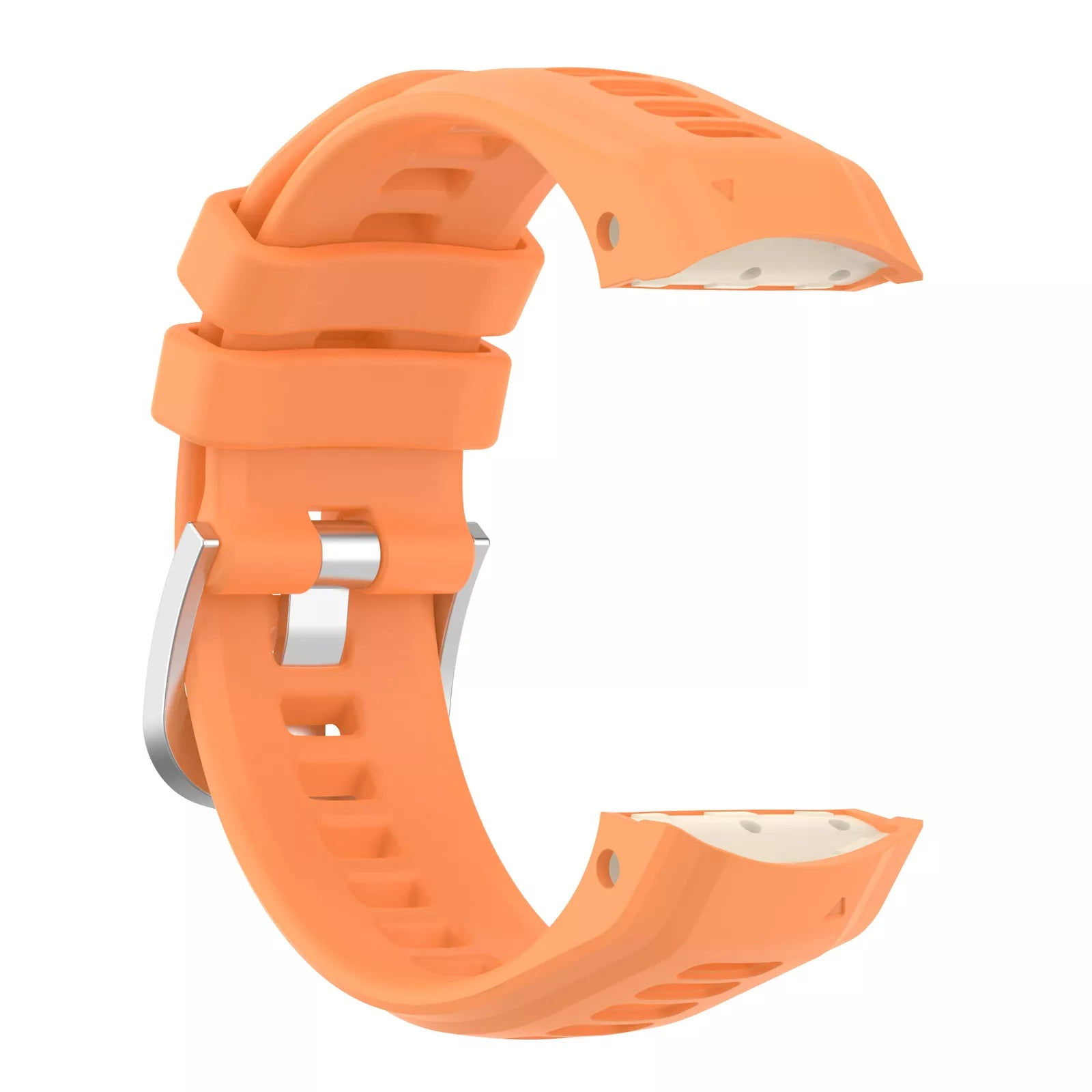 Ein orangefarbenes Uhrenarmband. Es hat eine silberne Schnalle. Das Armband ist gebogen und hat mehrere Löcher und Rillen.