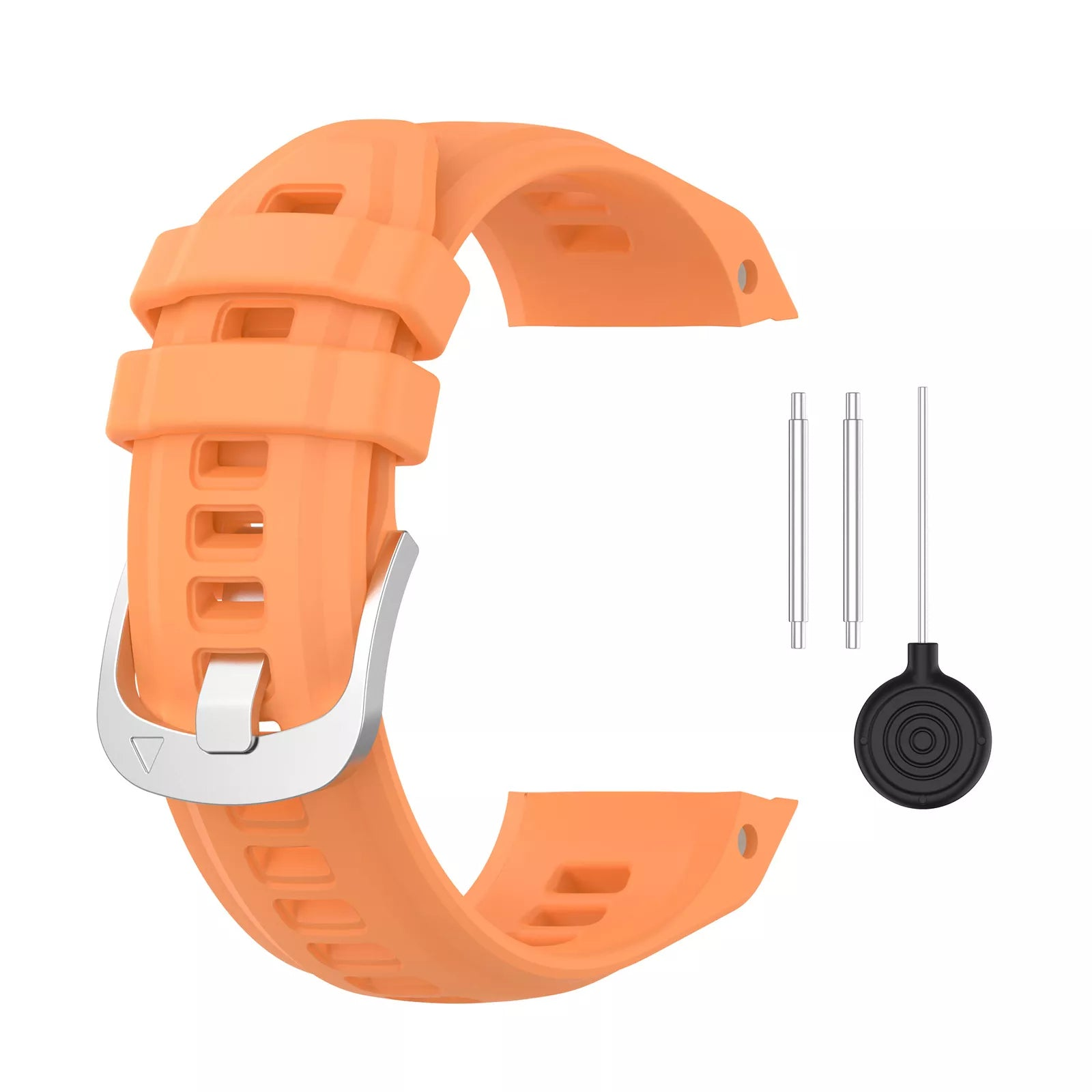Ein orangefarbenes Uhrenarmband mit silberner Schnalle und Stiften, mit einem schwarzen Werkzeug auf weißem Hintergrund.