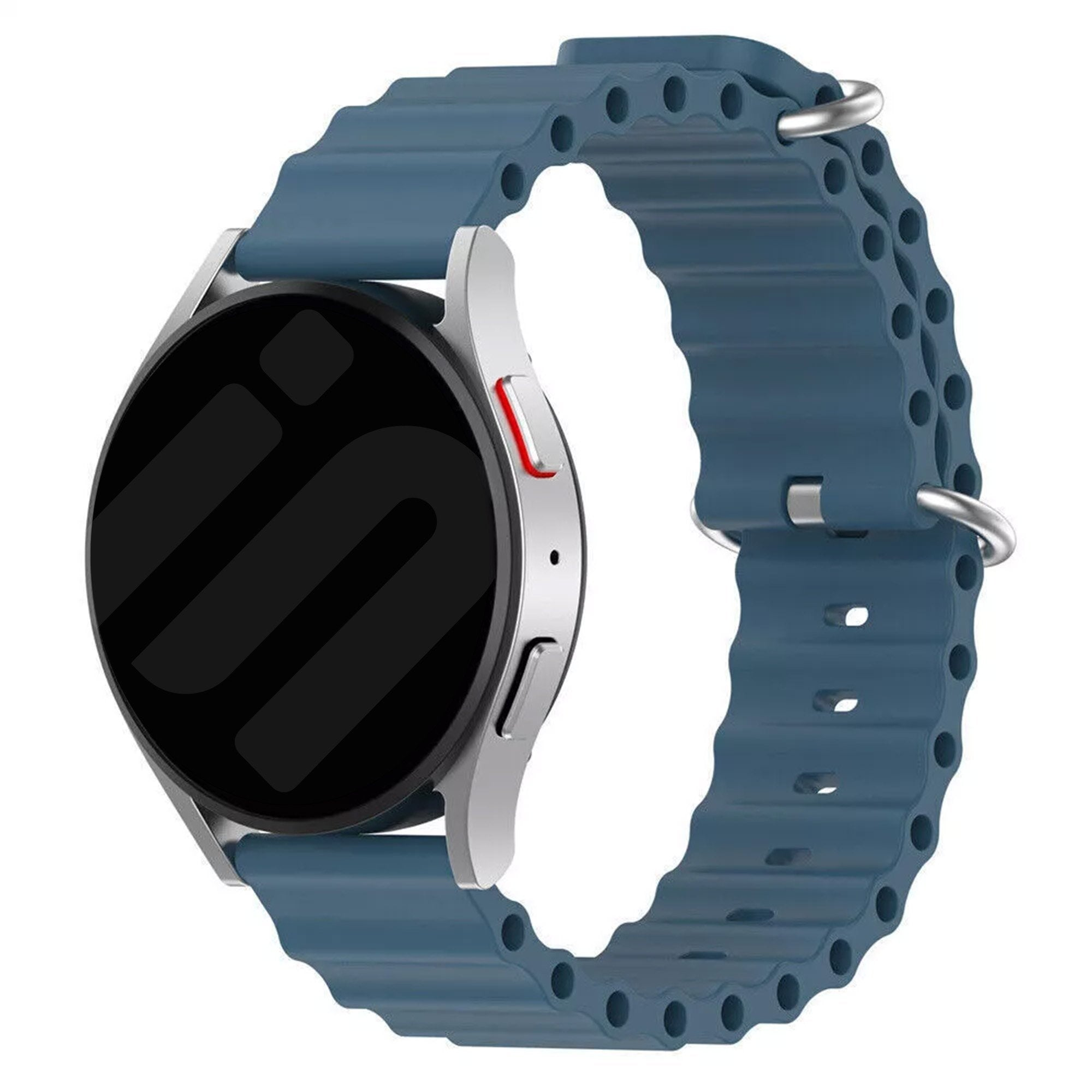 Eine silberne Smartwatch mit blauem Armband. Das Zifferblatt ist schwarz mit weißem i-Logo. Das Armband hat ein wellenförmiges Design.