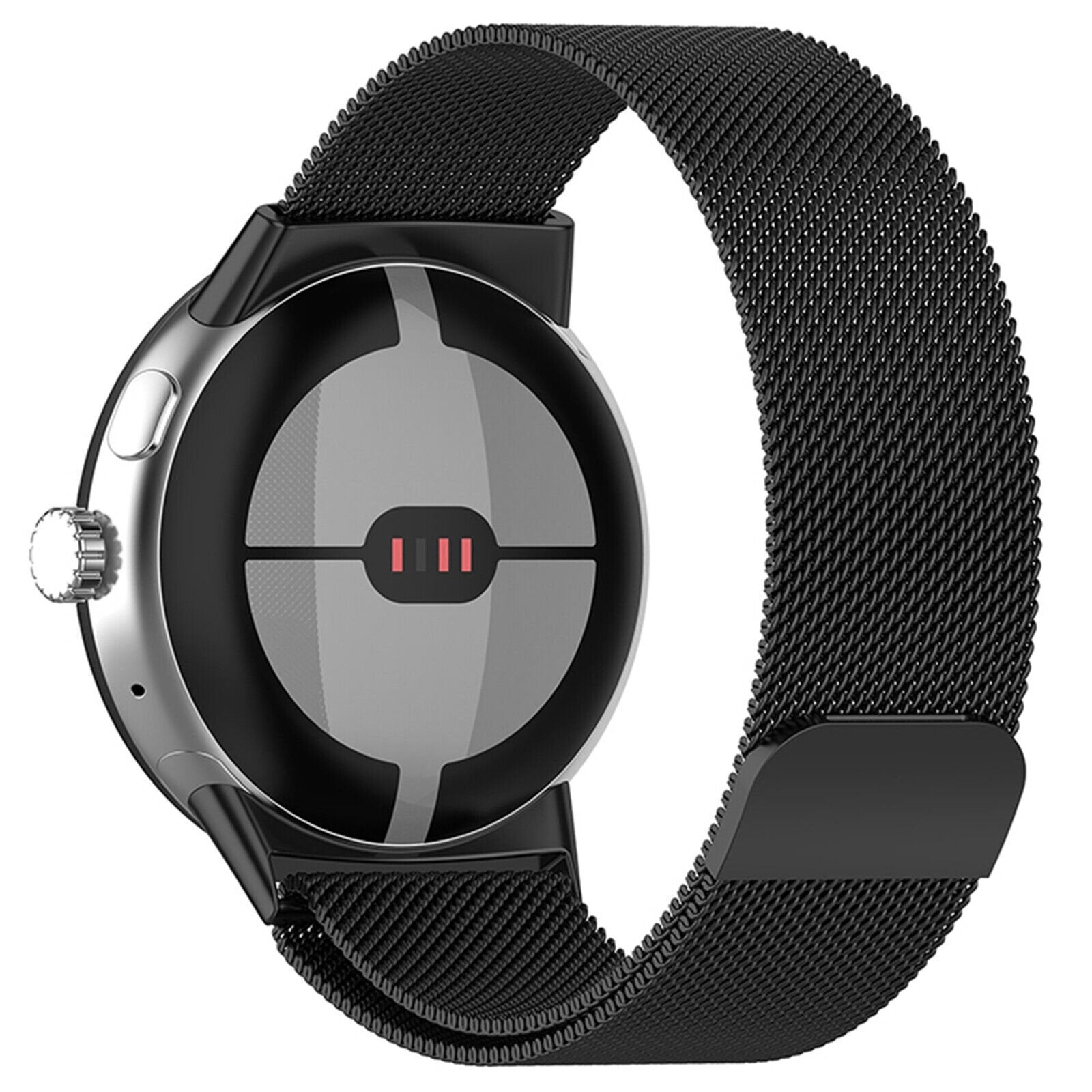 Eine schwarze Smartwatch mit Mesh-Armband. Die Uhr hat ein silbernes Gehäuse, ein schwarzes Zifferblatt und rote Akzente.