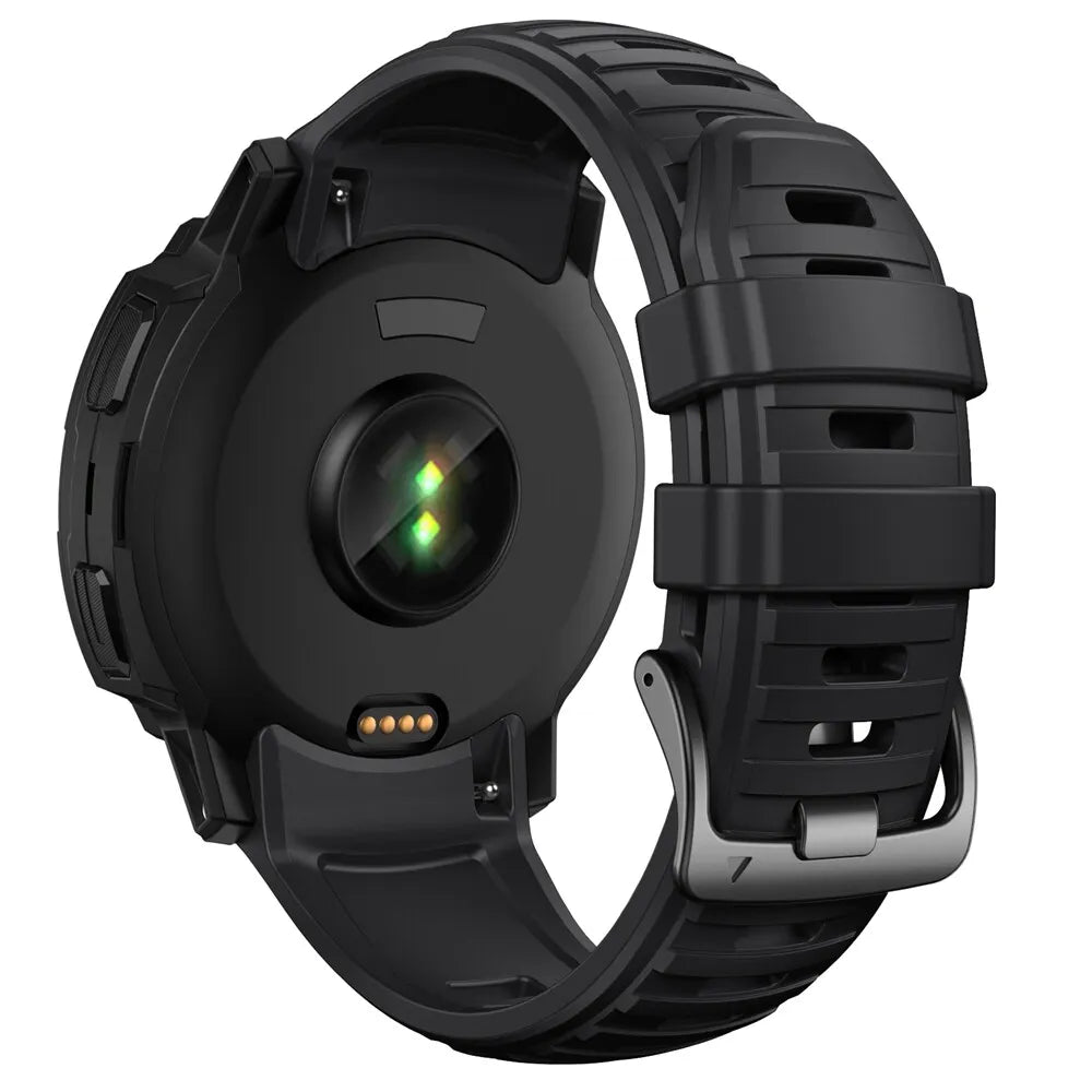 Schwarze Smartwatch-Rückseite. Enthält Herzfrequenzsensor, Ladestifte und ein schwarzes Kautschukband mit Metallverschluss.