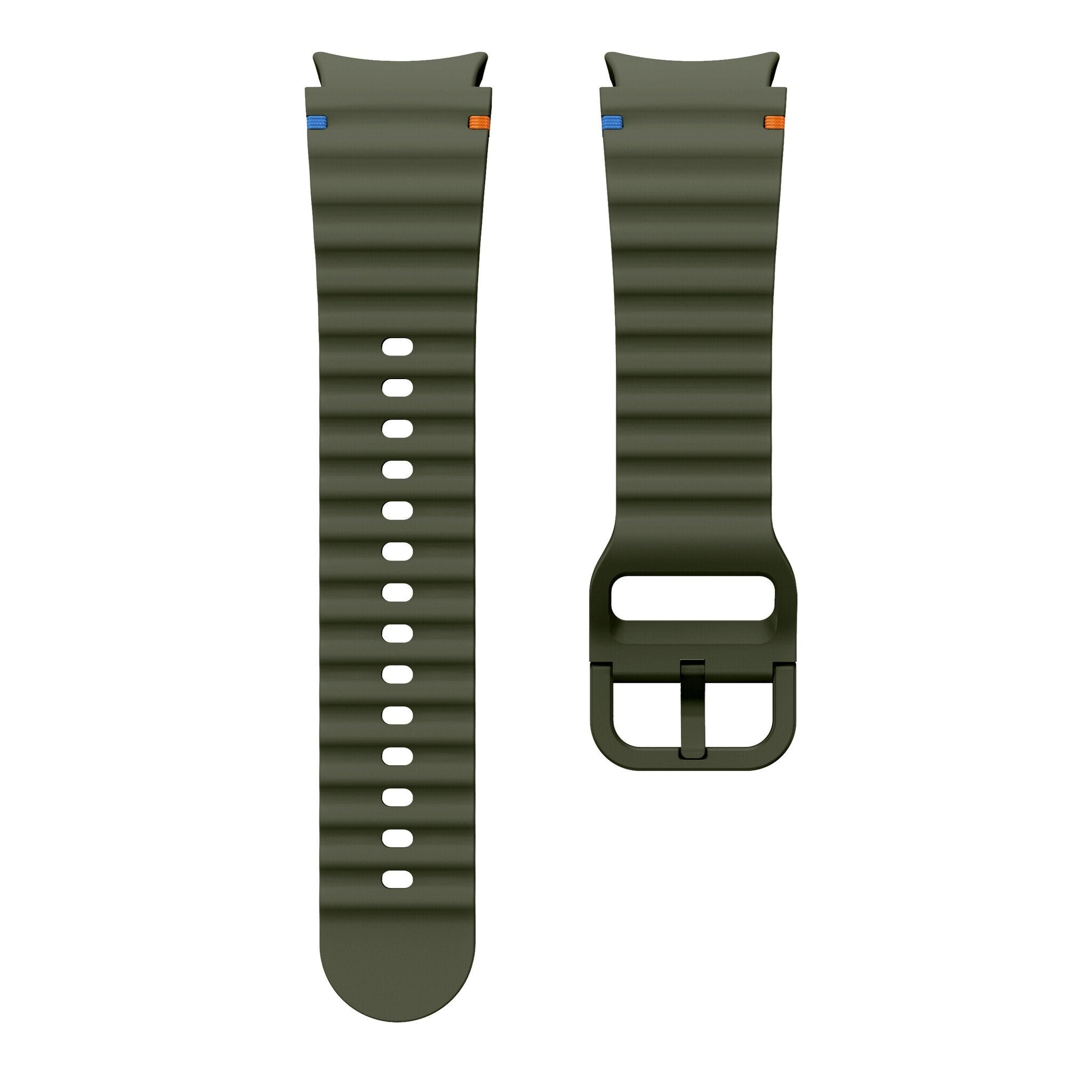 Zwei olivgrüne Uhrenarmbänder auf weißem Hintergrund. Eines hat Löcher, das andere eine Schnalle. Beide haben blaue und orangefarbene Details.