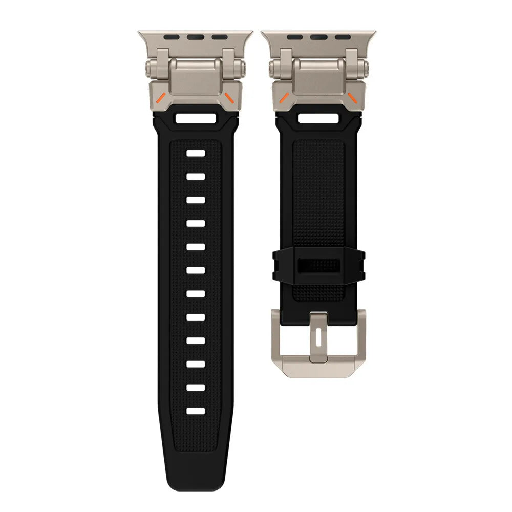 Zwei Uhrenarmbänder. Die Oberteile sind silberfarben, die Armbänder sind schwarz. Ein Armband hat Löcher, das andere eine Schnalle.