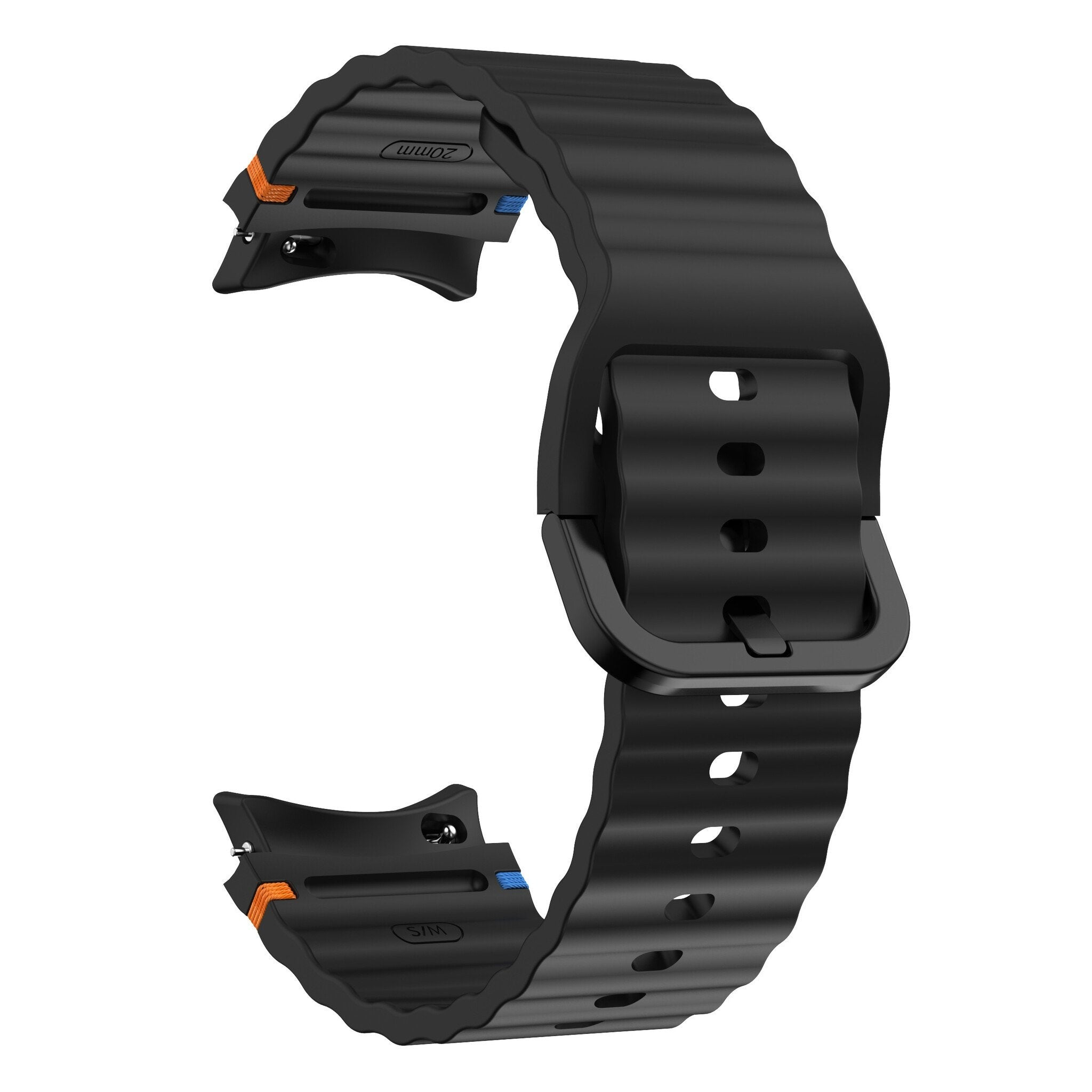 Schwarzes Uhrenarmband auf weißem Hintergrund. Es hat eine Schnalle und mehrere Löcher. Orange und blaue Akzente sind sichtbar.