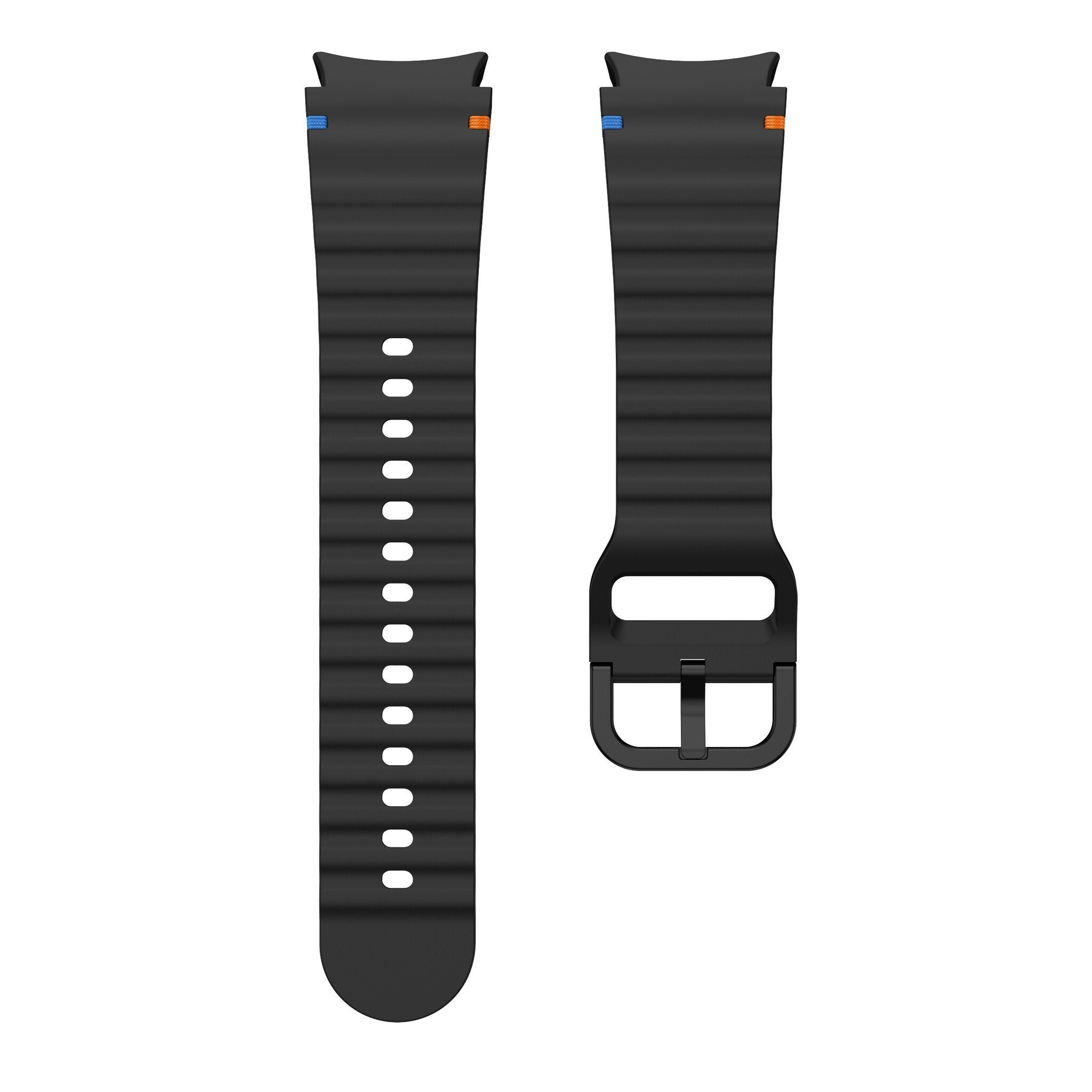Zwei schwarze Uhrenarmbänder auf weißem Hintergrund. Jedes hat einen anderen Anschluss. Ein Armband hat Löcher, das andere eine Schnalle.