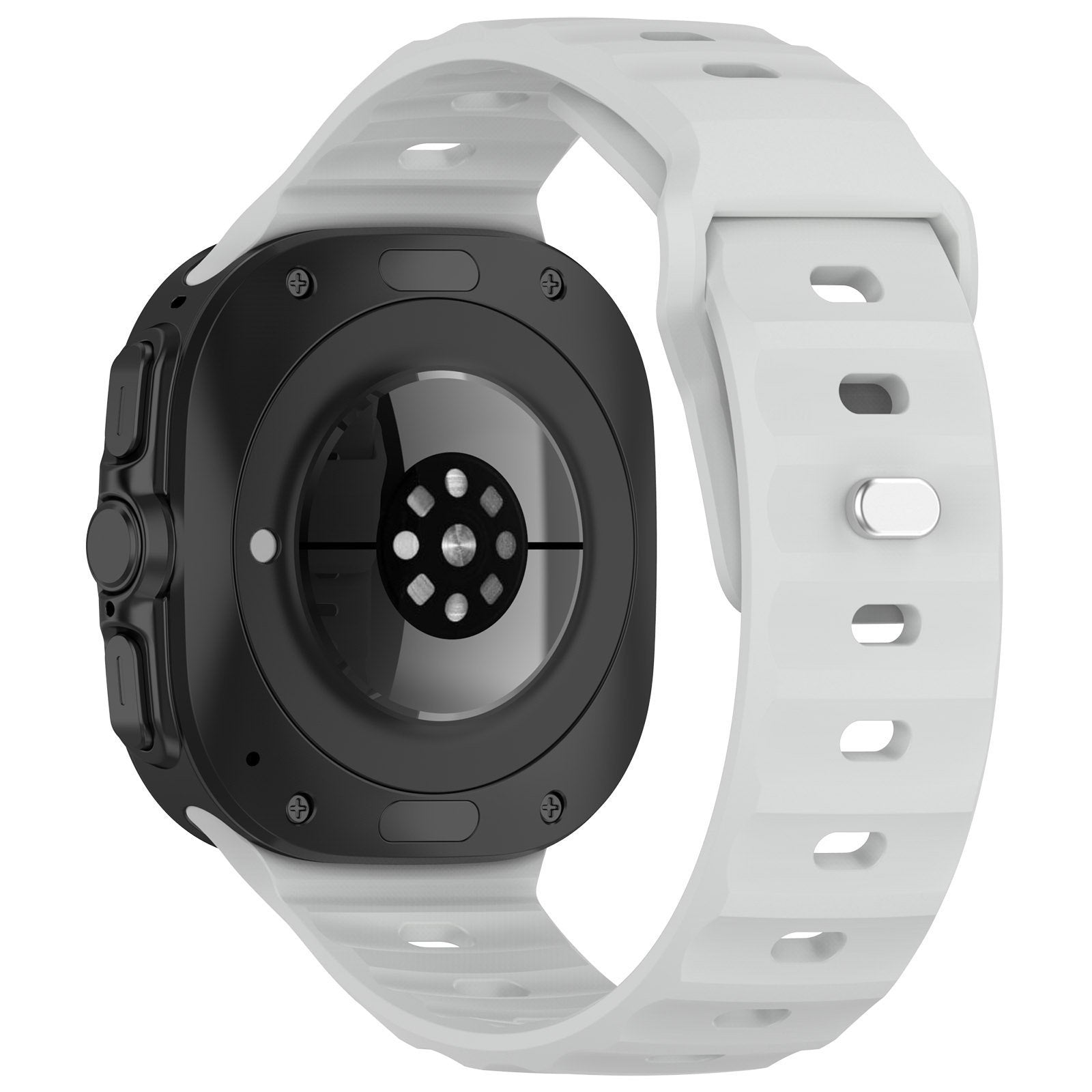 Eine schwarze Smartwatch mit weißem Armband. Das Zifferblatt ist schwarz, mit einem Sensor auf der Rückseite. Das Band ist weiß und geriffelt.