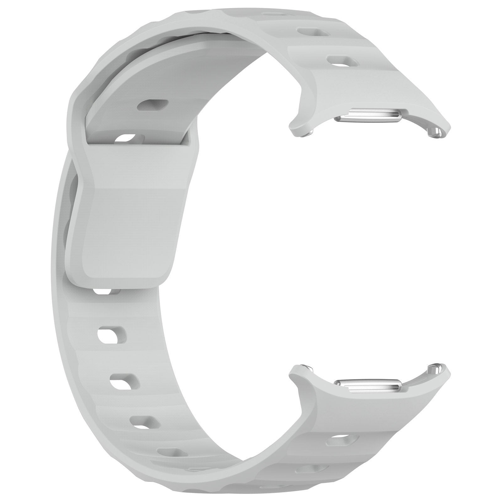 Ein hellgraues Uhrenarmband vor weißem Hintergrund. Das Band hat eine gebogene C-Form mit Löchern und Metallverschlüssen.