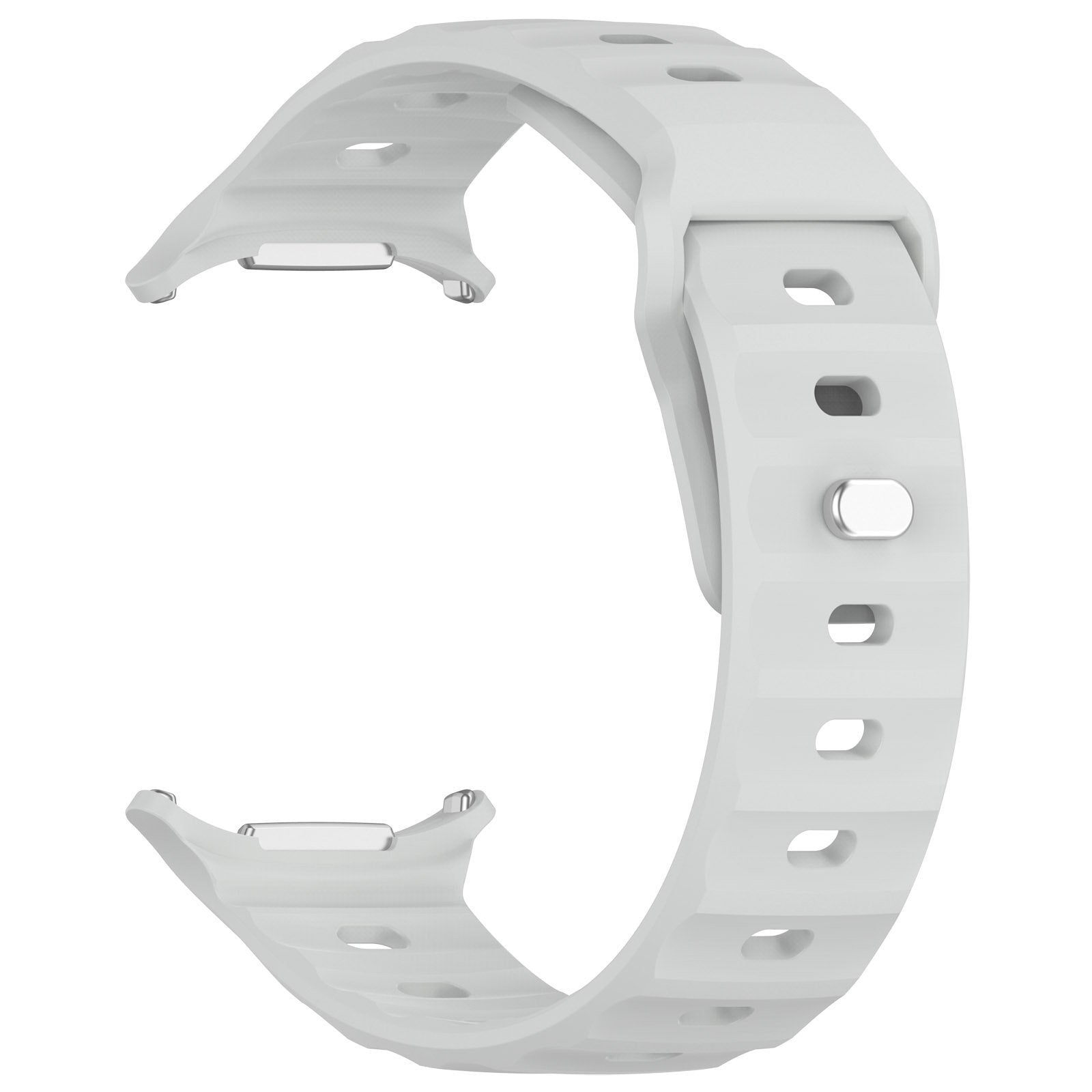 Ein weißes Uhrenarmband ist auf weißem Hintergrund isoliert. Es hat ein gebogenes Design mit Löchern und einer Schnalle.
