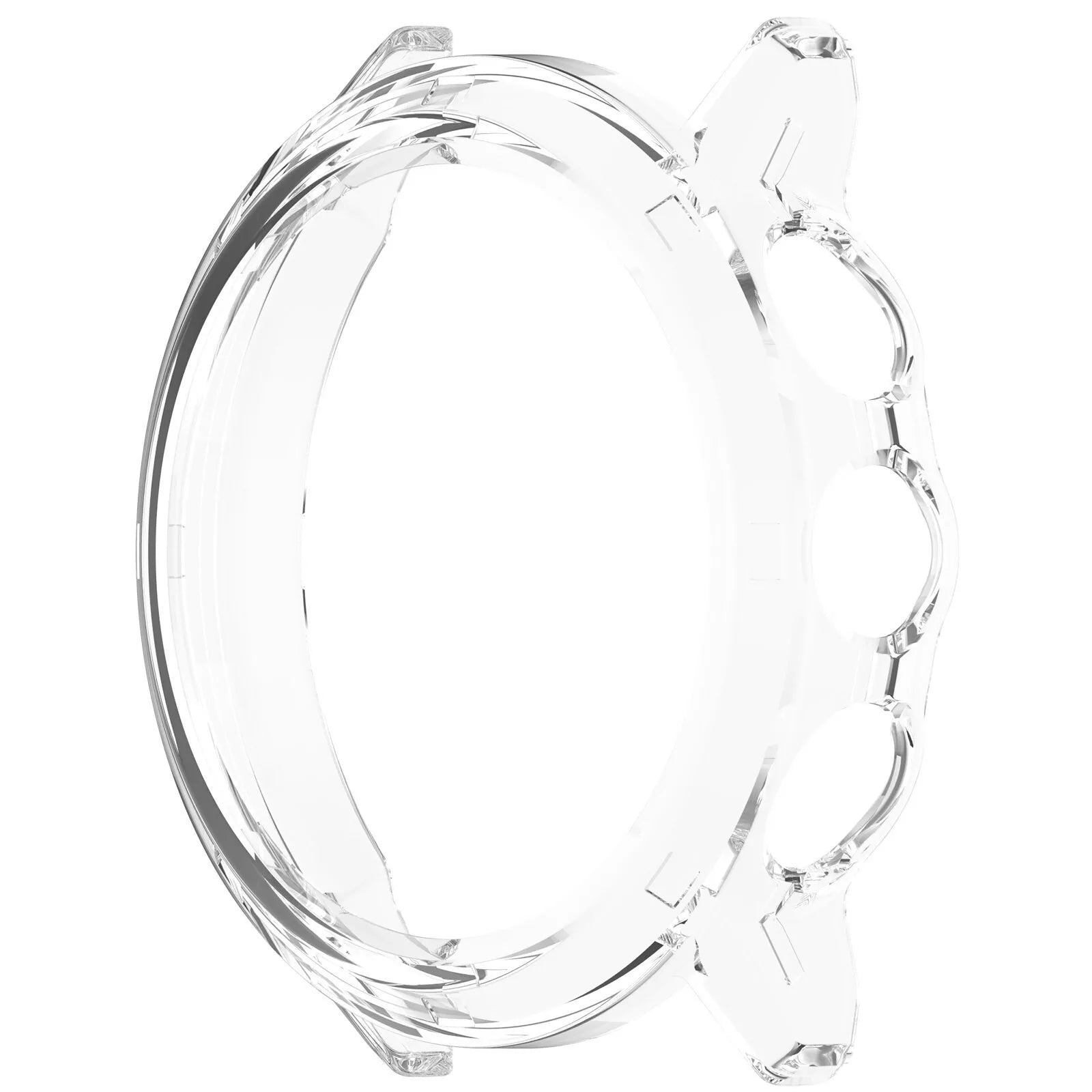 Ein transparenter Uhrengehäuseschutz. Er hat ein kreisförmiges Design mit einer Seite mit drei runden Löchern und einem Knopf.