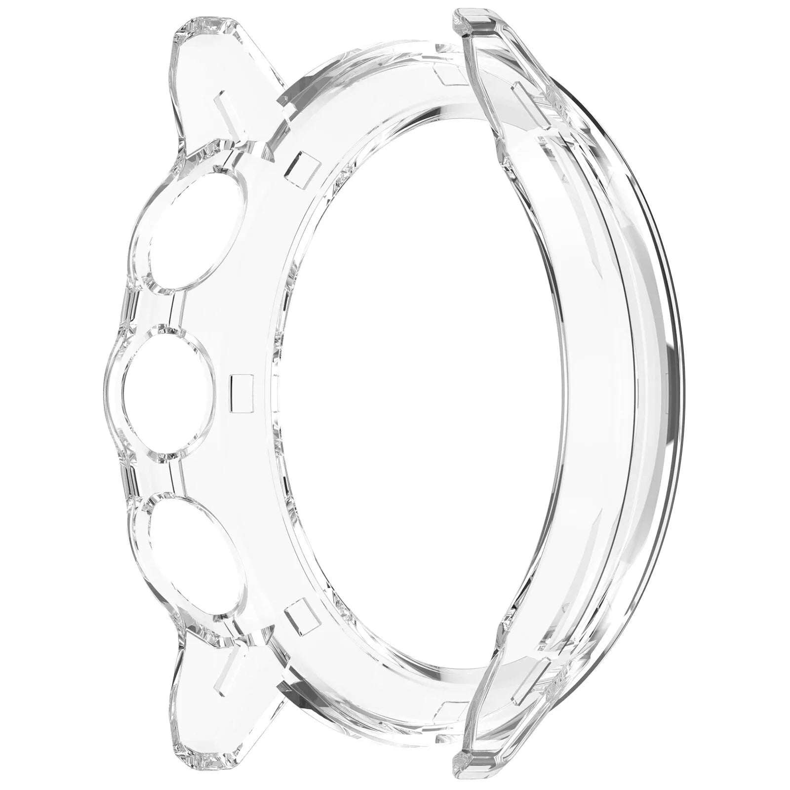 Eine transparente Schutzhülle für die Uhr. Sie hat eine abgerundete Form mit Aussparungen für Knöpfe und eine Lünette.