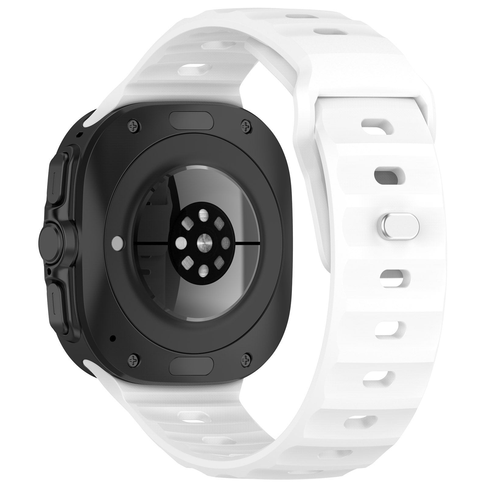 Eine Smartwatch mit schwarzem Gehäuse und weißem Armband wird von hinten gezeigt. Das Armband besteht aus weißem Silikon mit Löchern.