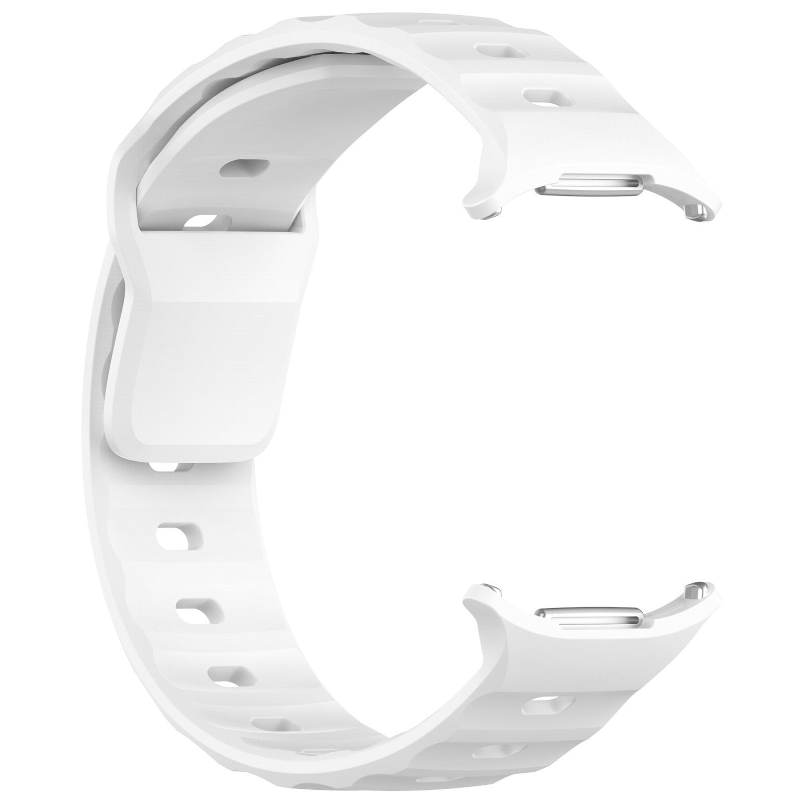 Weißes Uhrenarmband. Gebogen, mit Löchern und einem Verschluss. Metallverbinder an den Enden, vor weißem Hintergrund.