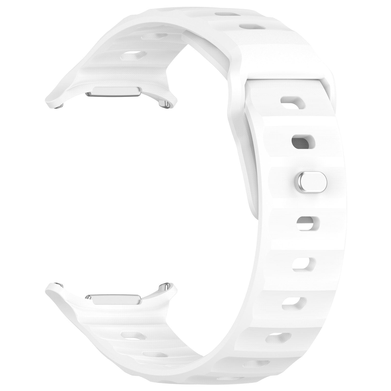 Ein weißes Uhrenarmband mit rechteckigem Design. Es hat mehrere Löcher und einen Metallverschluss. Der Hintergrund ist weiß.