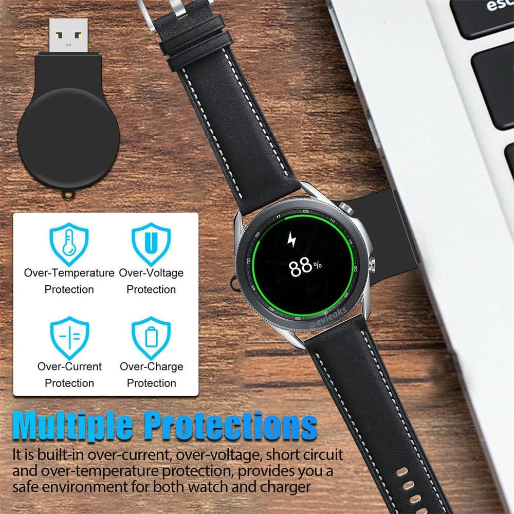 Eine Smartwatch, die an einem Laptop geladen wird. Die Uhr zeigt 88 % Akku. Es gibt Symbole für Schutzfunktionen.