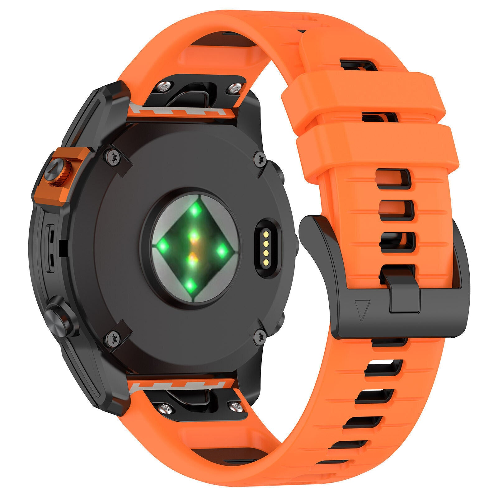 Nahaufnahme einer schwarz-orangenen Smartwatch. Die Uhr hat ein orangefarbenes Armband und ein schwarzes Gehäuse. Die Rückseite zeigt einen grünen Lichtsensor.