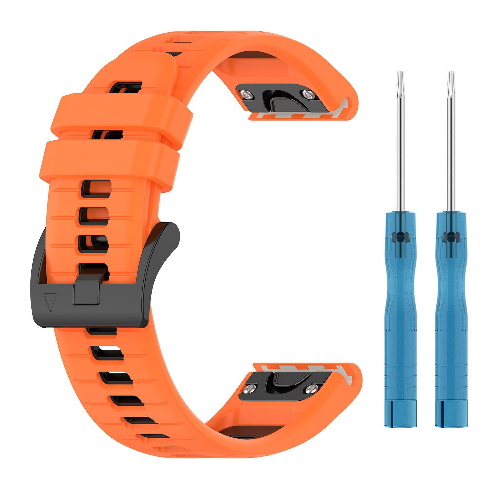Orangenes Uhrenarmband mit schwarzem Verschluss und zwei blauen Schraubenziehern auf weißem Hintergrund.