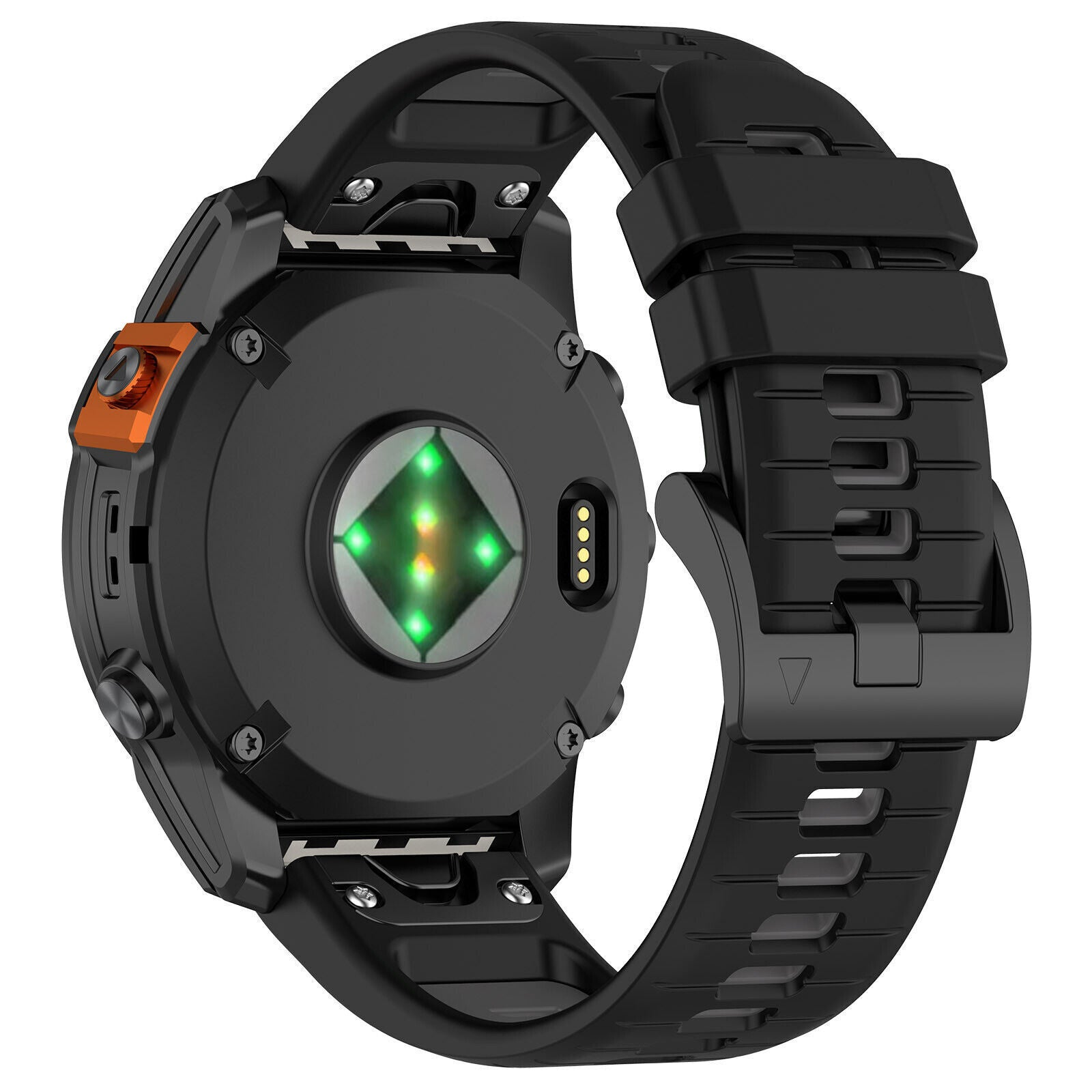 Schwarze Smartwatch mit orangefarbenen Akzenten. Rückseite zeigt Herzfrequenzsensor mit grünen Lichtern.
