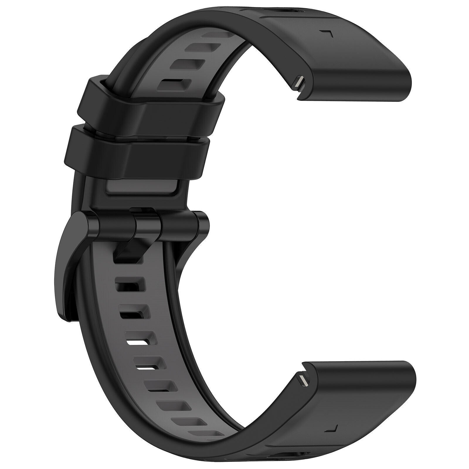 Schwarzes und graues, gebogenes Uhrenarmband. Merkmale sind Schlitze und ein Scharnier. Der Hintergrund ist weiß.