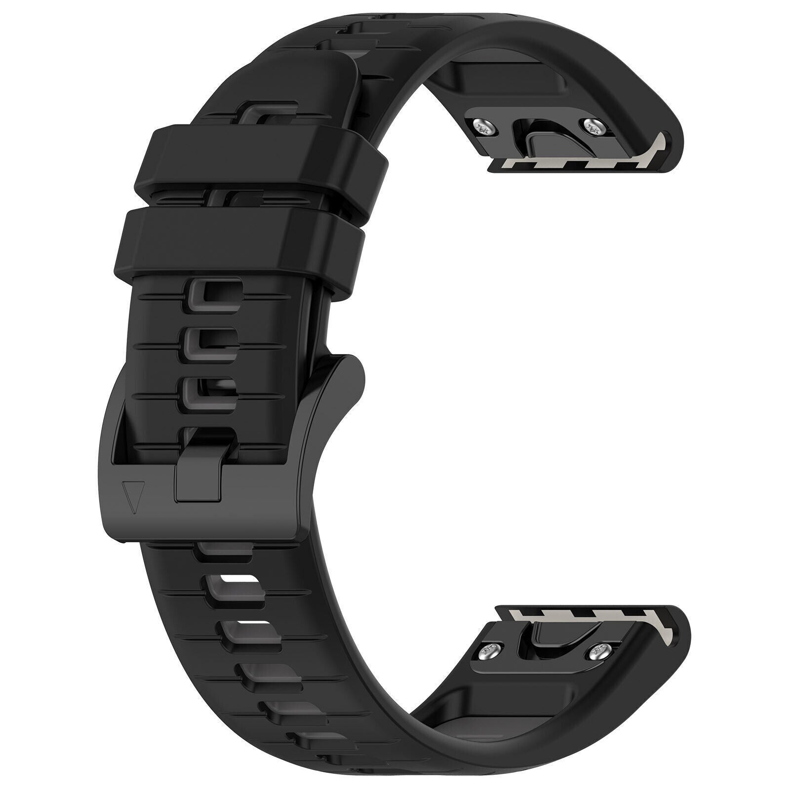 Ein schwarzes Uhrenarmband, gebogen, in C-Form, mit Schnalle und mehreren Verstelllöchern, auf weißem Hintergrund.