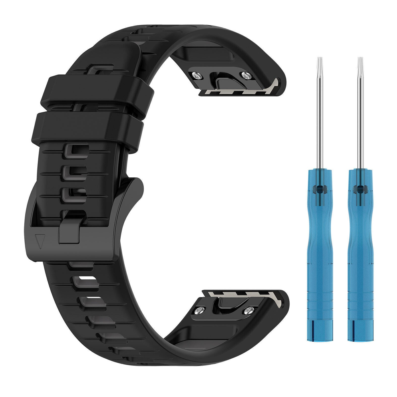 Schwarzes Uhrenarmband und zwei blaue Schraubendreher. Armband ist C-förmig. Schraubendreher sind parallel zueinander.