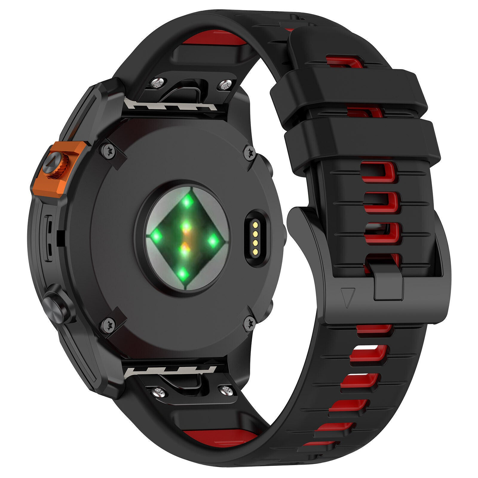 Schwarze Smartwatch mit orangefarbenen Akzenten und roten Details. Verfügt über einen Herzfrequenzsensor und ein schwarzes Armband.