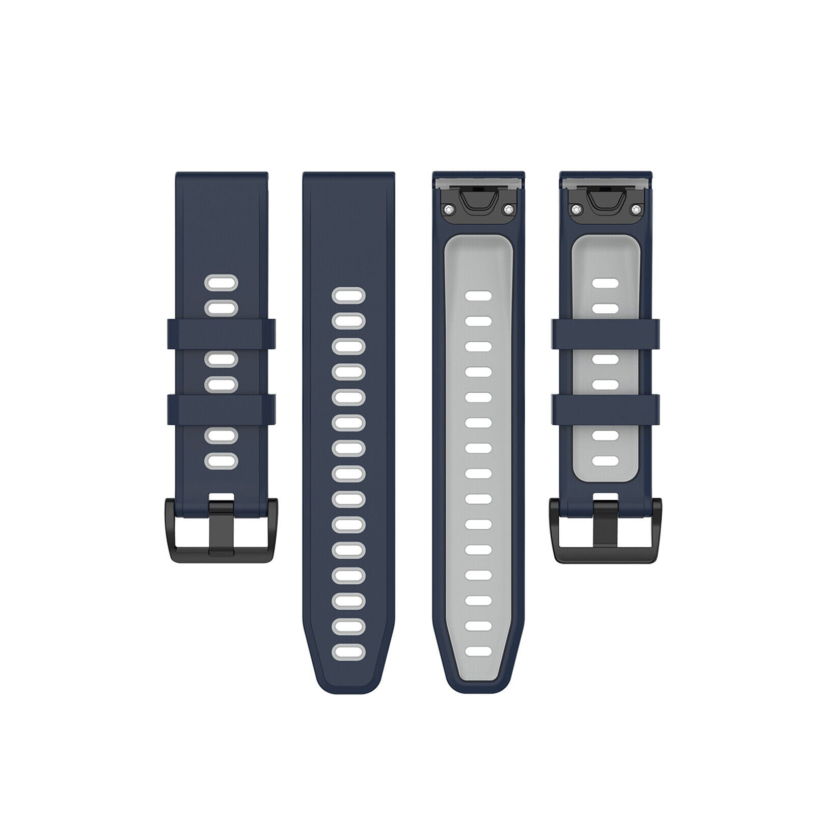 Vier marineblaue Uhrenarmbänder auf weißem Hintergrund. Zwei Armbänder haben eine schwarze Schnalle, zwei sind einteilig.