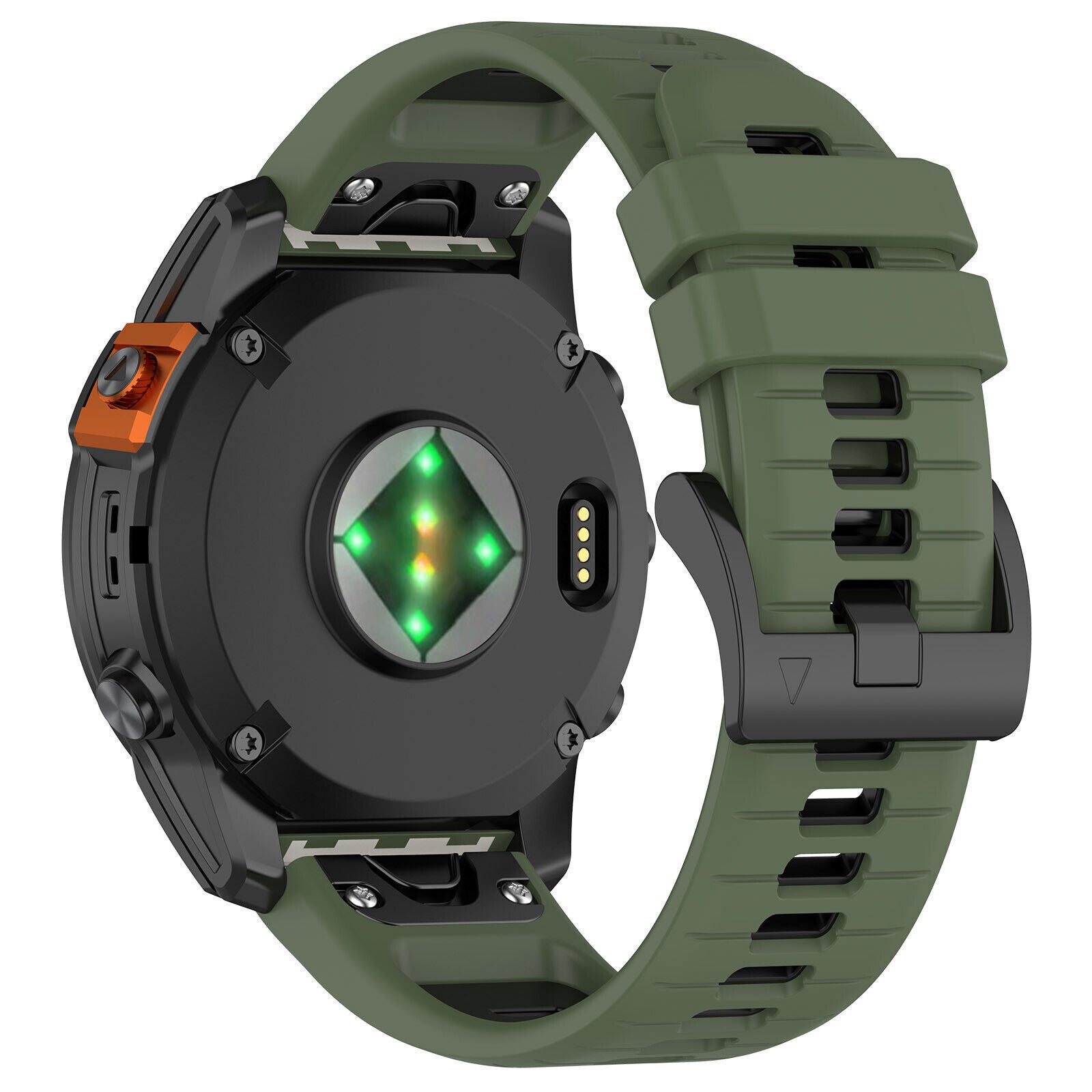Eine grüne Smartwatch mit schwarzen Akzenten. Die Rückseite zeigt einen Herzfrequenzsensor. Das Armband ist grün und hat eine schwarze Schnalle.