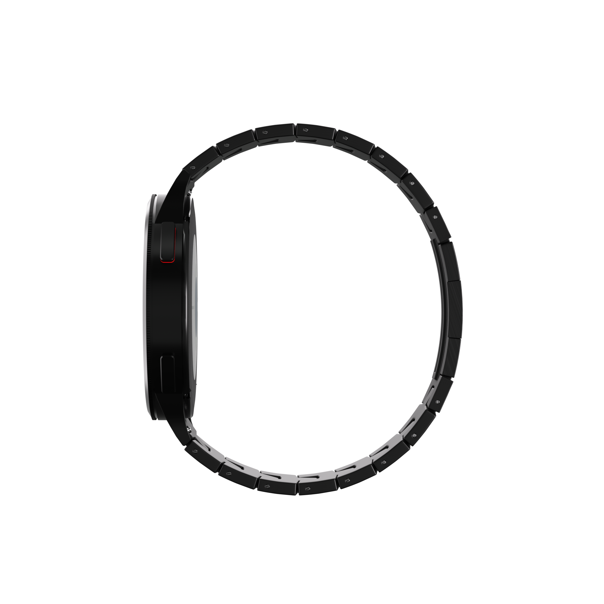 Eine schwarze Smartwatch mit passendem Armband. Die Uhr befindet sich auf einem farbenfrohen Hintergrund mit horizontalen Linien.